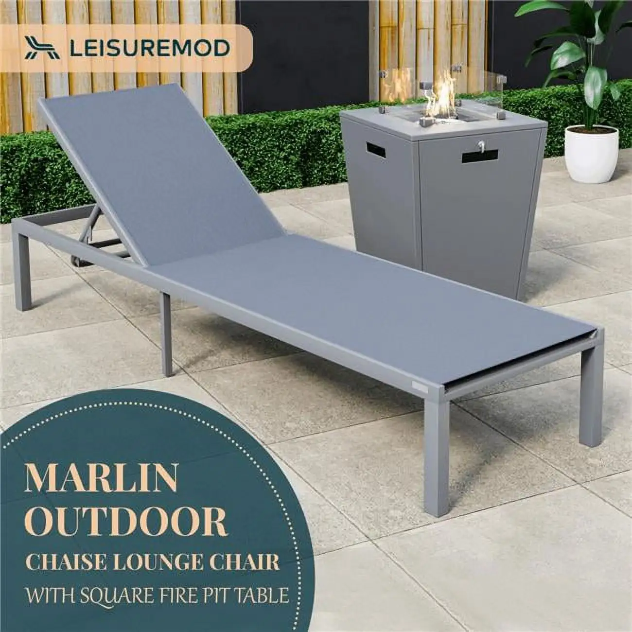 32.44 x 21.65 x 21.65 in. Marlin Modern Grey Aluminum Outdoor Patio Chaise Lounge Chair with Square Fire Pit Side Table Perfect. Dark Grey