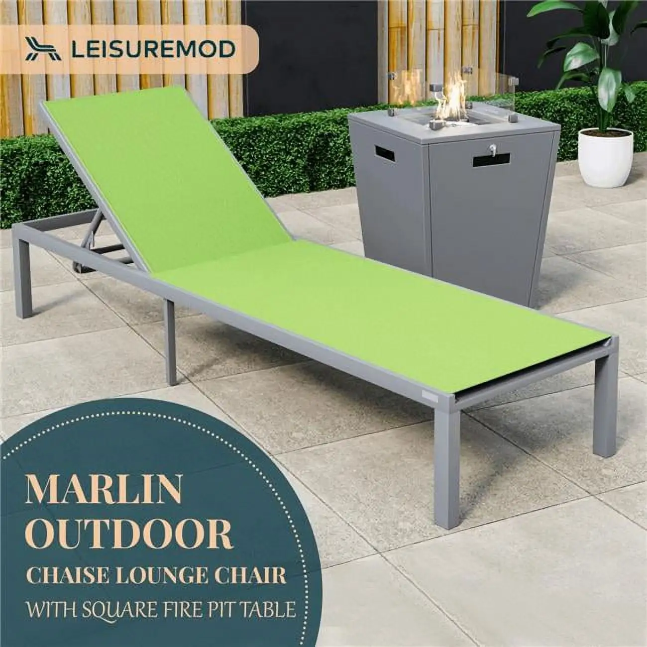 32.44 x 21.65 x 21.65 in. Marlin Modern Grey Aluminum Outdoor Patio Chaise Lounge Chair with Square Fire Pit Side Table Perfect. Green