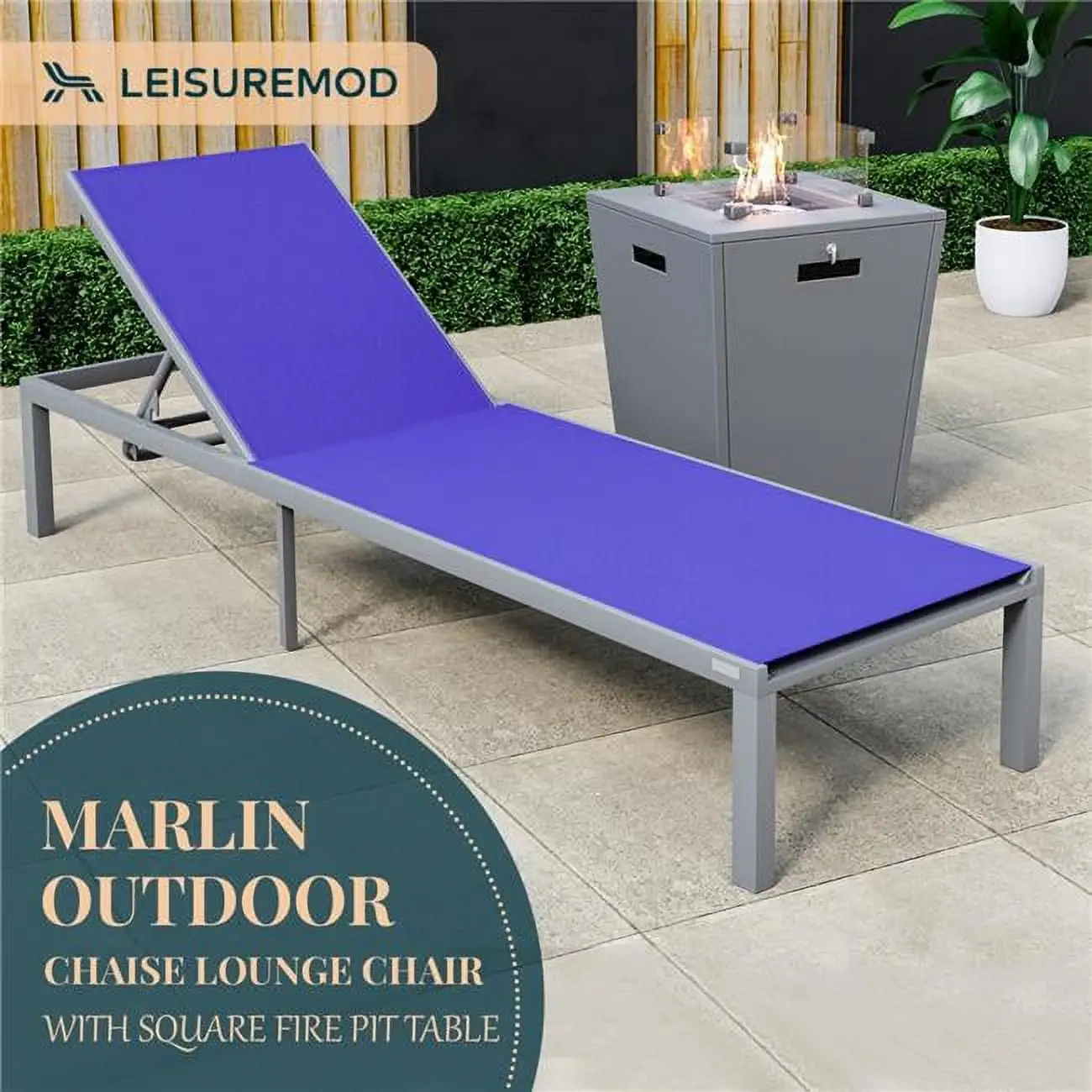 32.44 x 21.65 x 21.65 in. Marlin Modern Grey Aluminum Outdoor Patio Chaise Lounge Chair with Square Fire Pit Side Table Perfect. Navy Blue