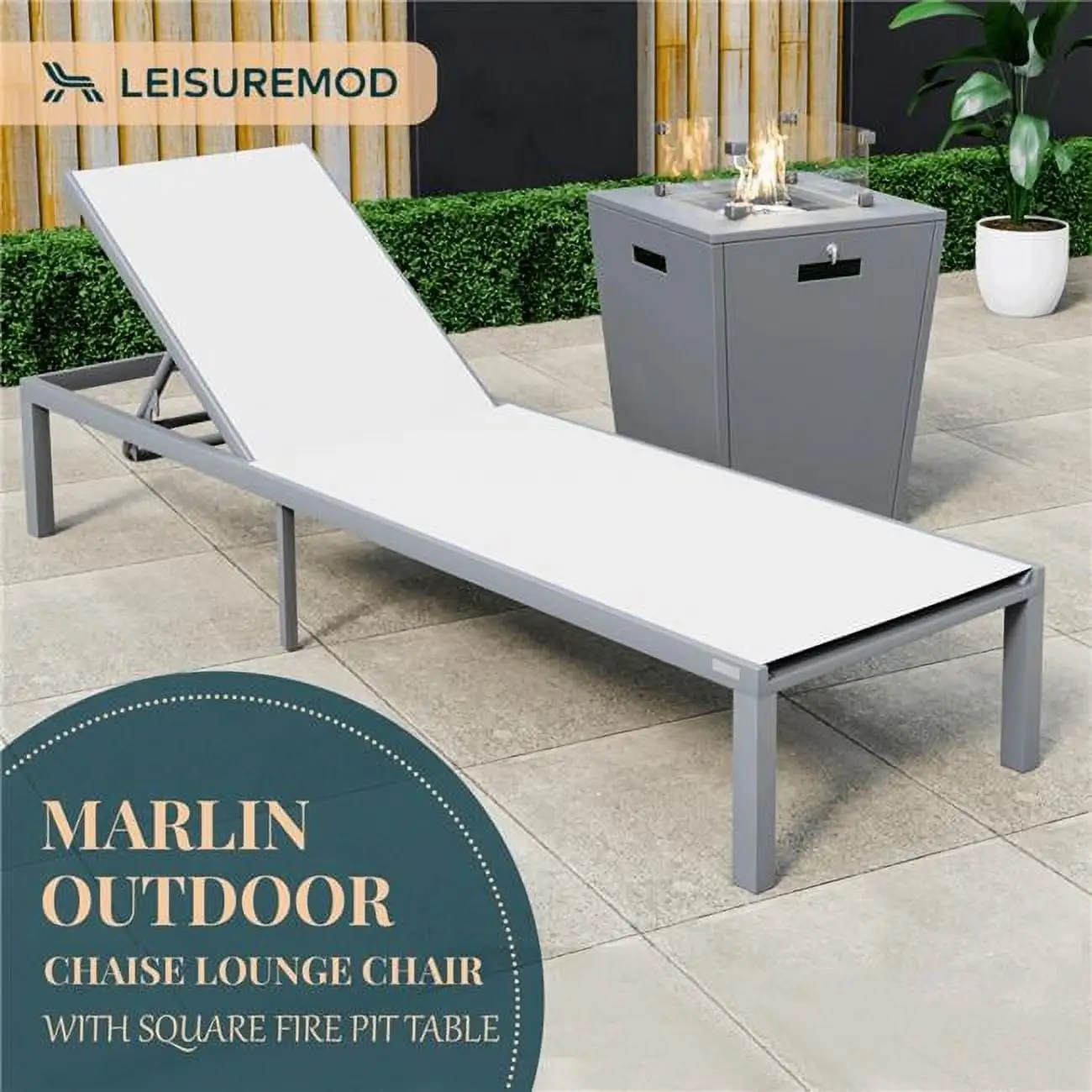 32.44 x 21.65 x 21.65 in. Marlin Modern Grey Aluminum Outdoor Patio Chaise Lounge Chair with Square Fire Pit Side Table Perfect. White