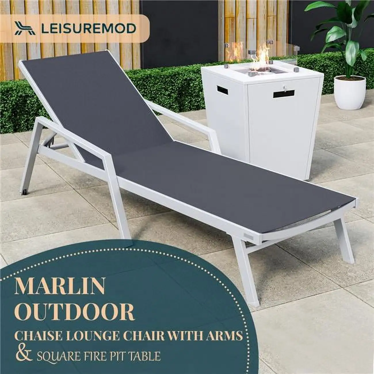 32.44 x 21.65 x 21.65 in. Marlin Modern White Aluminum Outdoor Patio Chaise Lounge Chair with Arms & Square Fire Pit Side Table Perfect. Black