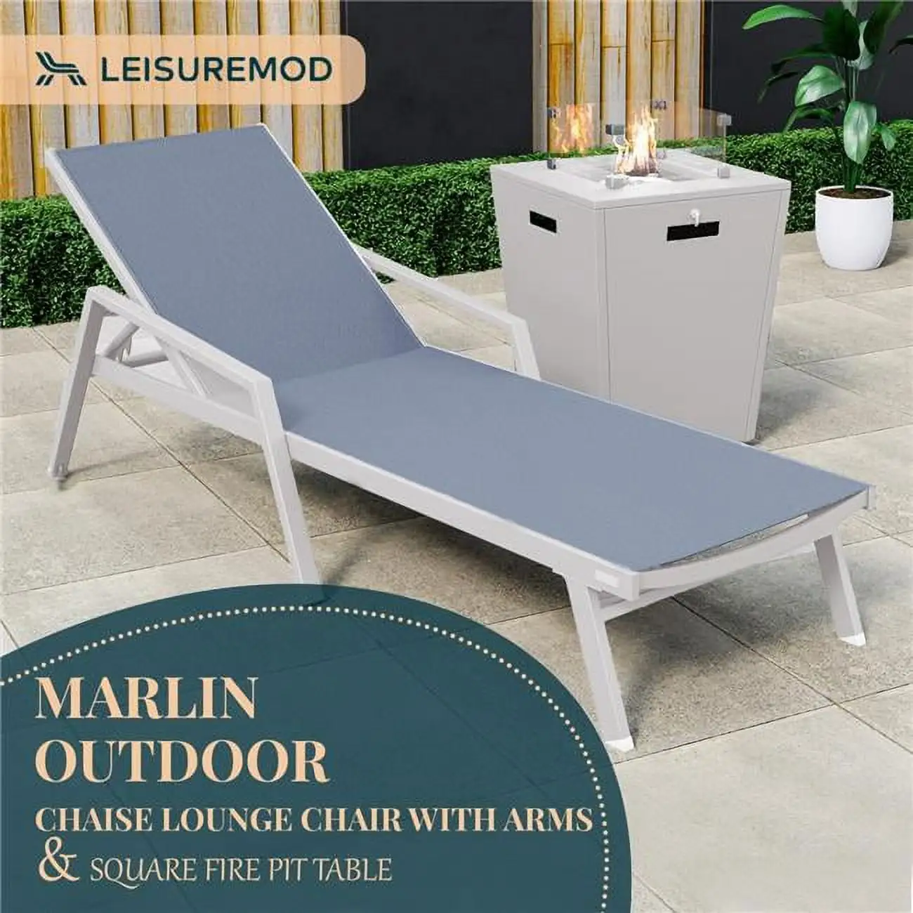 32.44 x 21.65 x 21.65 in. Marlin Modern White Aluminum Outdoor Patio Chaise Lounge Chair with Arms & Square Fire Pit Side Table Perfect. Dark Grey