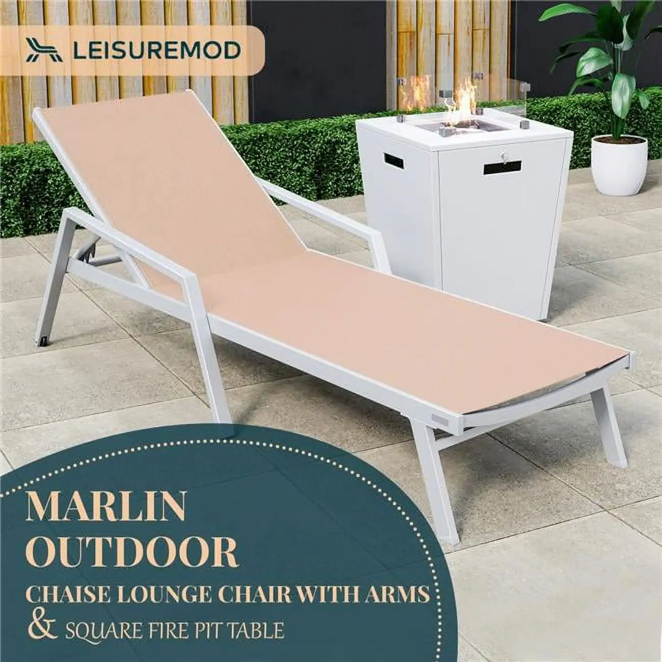 32.44 x 21.65 x 21.65 in. Marlin Modern White Aluminum Outdoor Patio Chaise Lounge Chair with Arms & Square Fire Pit Side Table Perfect. Light Brown