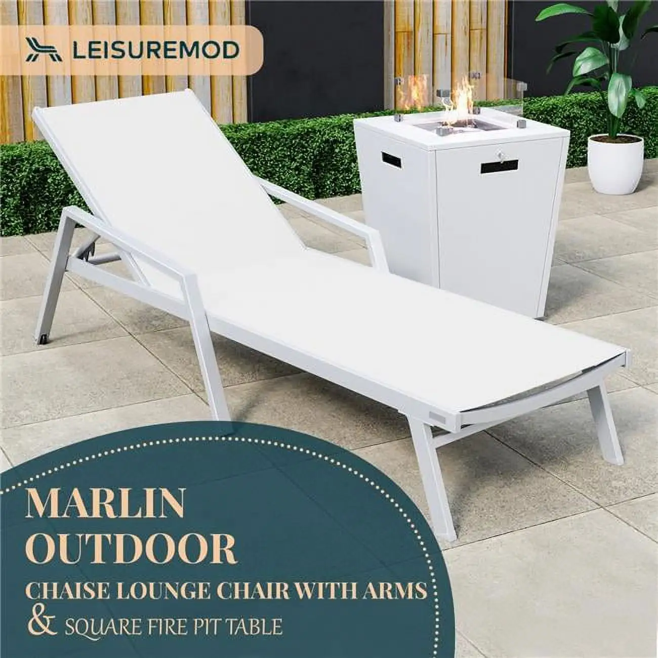 32.44 x 21.65 x 21.65 in. Marlin Modern White Aluminum Outdoor Patio Chaise Lounge Chair with Arms & Square Fire Pit Side Table Perfect. White