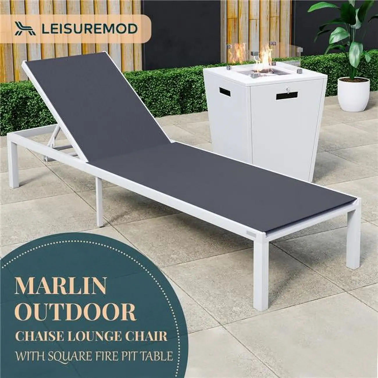 32.44 x 21.65 x 21.65 in. Marlin Modern White Aluminum Outdoor Patio Chaise Lounge Chair with Square Fire Pit Side Table Perfect. Black