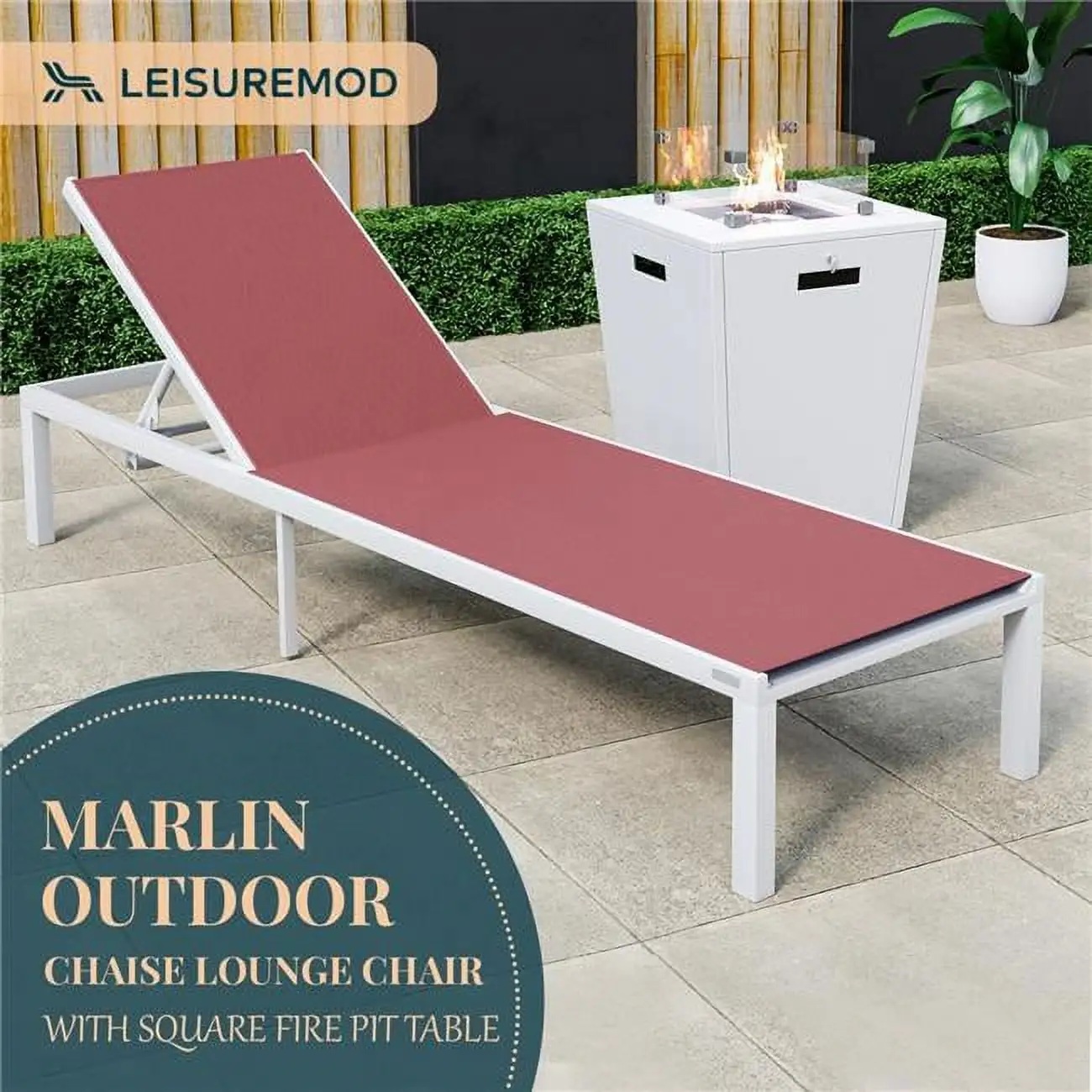 32.44 x 21.65 x 21.65 in. Marlin Modern White Aluminum Outdoor Patio Chaise Lounge Chair with Square Fire Pit Side Table Perfect. Burgundy