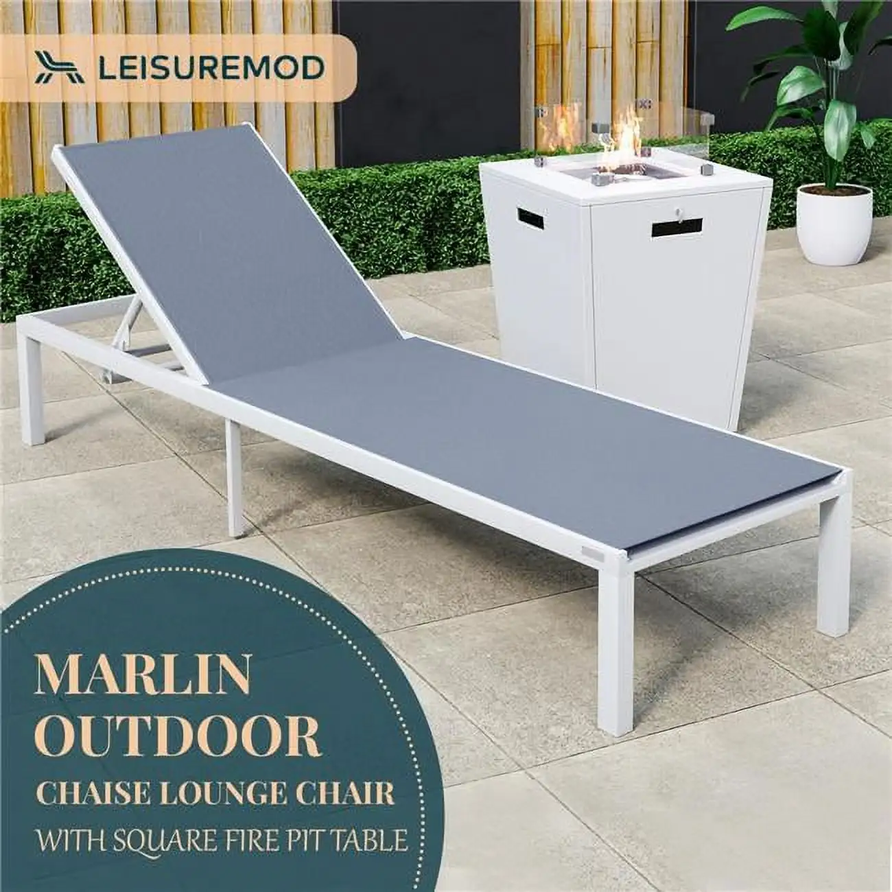 32.44 x 21.65 x 21.65 in. Marlin Modern White Aluminum Outdoor Patio Chaise Lounge Chair with Square Fire Pit Side Table Perfect. Dark Grey