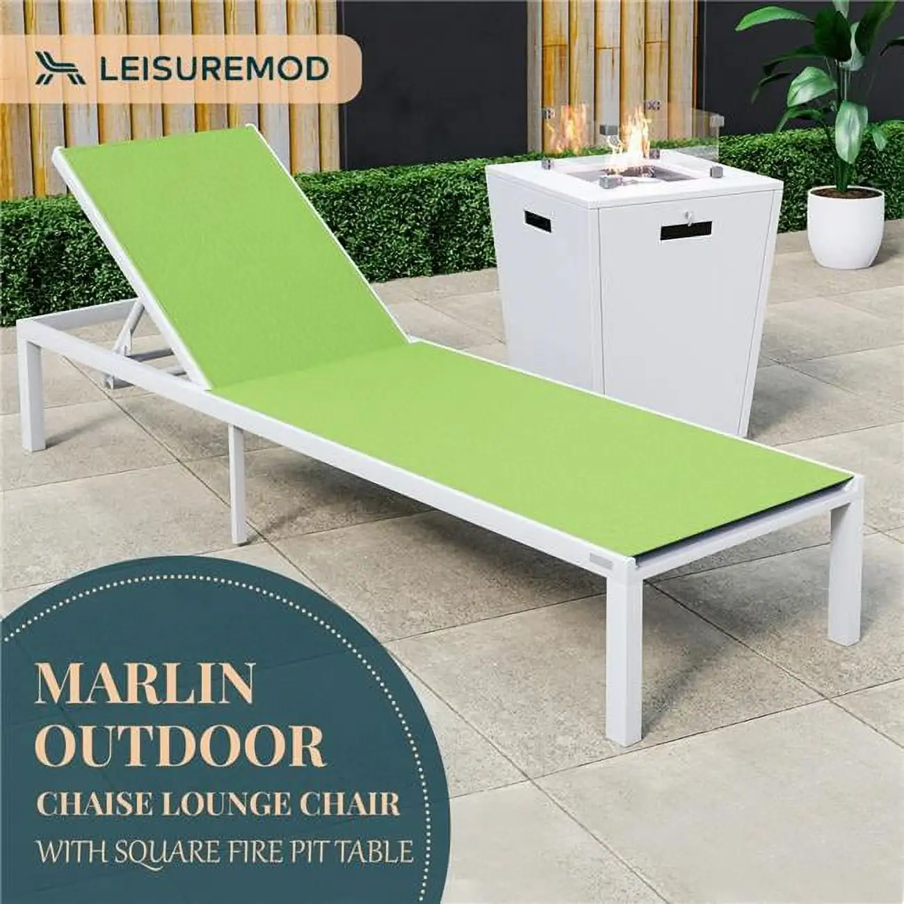 32.44 x 21.65 x 21.65 in. Marlin Modern White Aluminum Outdoor Patio Chaise Lounge Chair with Square Fire Pit Side Table Perfect. Green