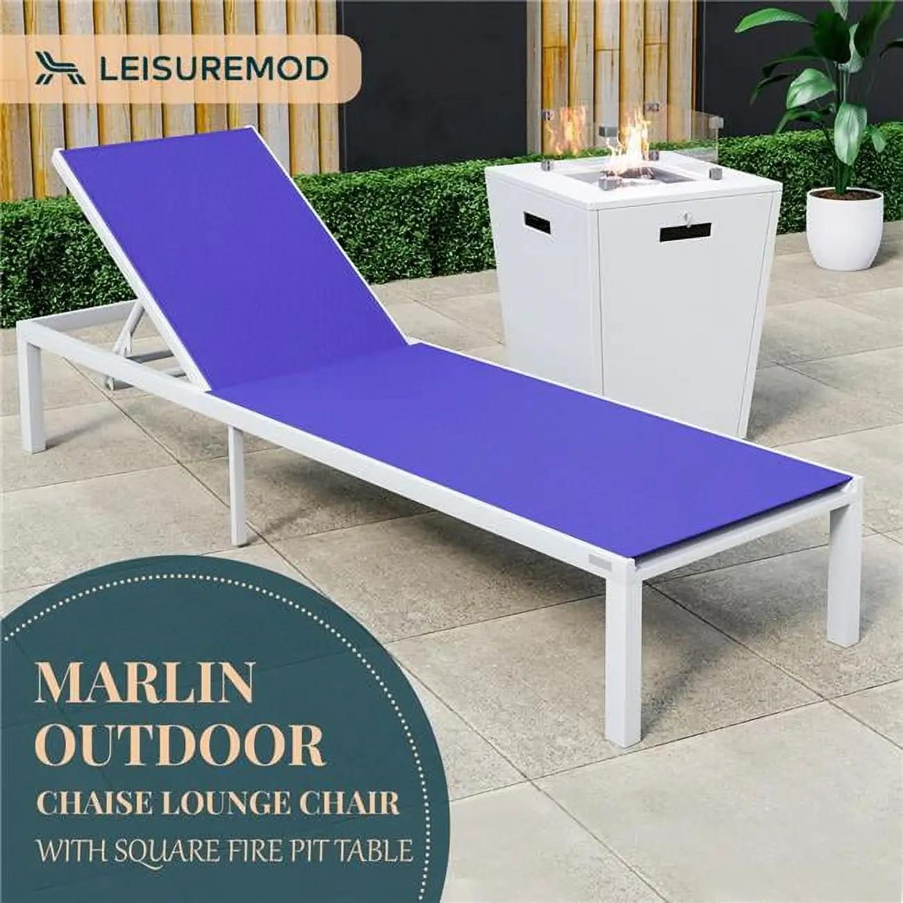 32.44 x 21.65 x 21.65 in. Marlin Modern White Aluminum Outdoor Patio Chaise Lounge Chair with Square Fire Pit Side Table Perfect. Navy Blue