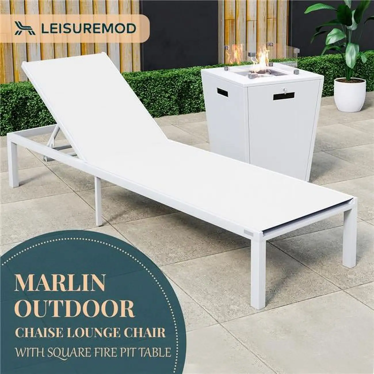 32.44 x 21.65 x 21.65 in. Marlin Modern White Aluminum Outdoor Patio Chaise Lounge Chair with Square Fire Pit Side Table Perfect. White