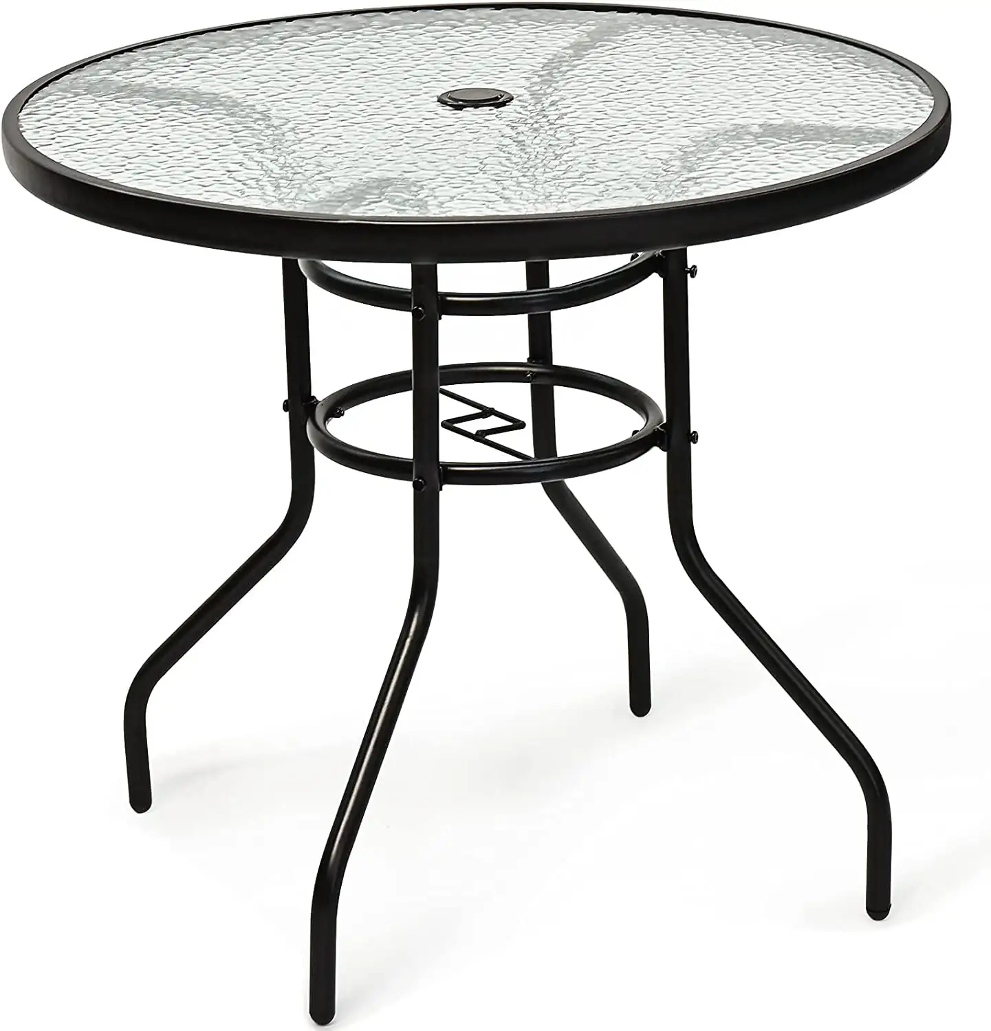 32'' Patio Table with Umbrella Hole. Outdoor Bistro Table w/Tempered Glass Top & Sturdy Metal Frame. Round Patio Dining Table Coffee Table for Garden. Balcony. Poolside