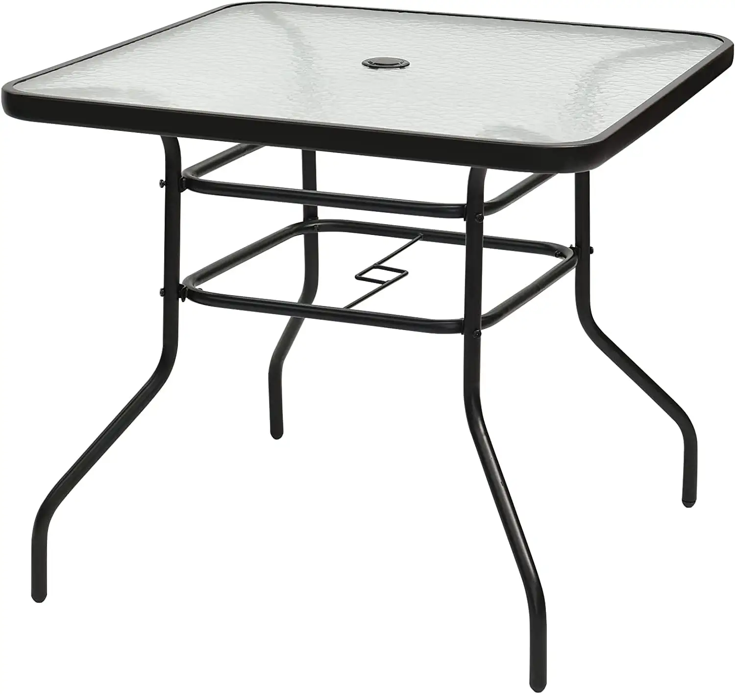 32'' Patio Table with Umbrella Hole. Outdoor Bistro Table w/Tempered Glass Top & Sturdy Metal Frame. Square Patio Dining Table Coffee Table for Garden. Balcony. Poolside