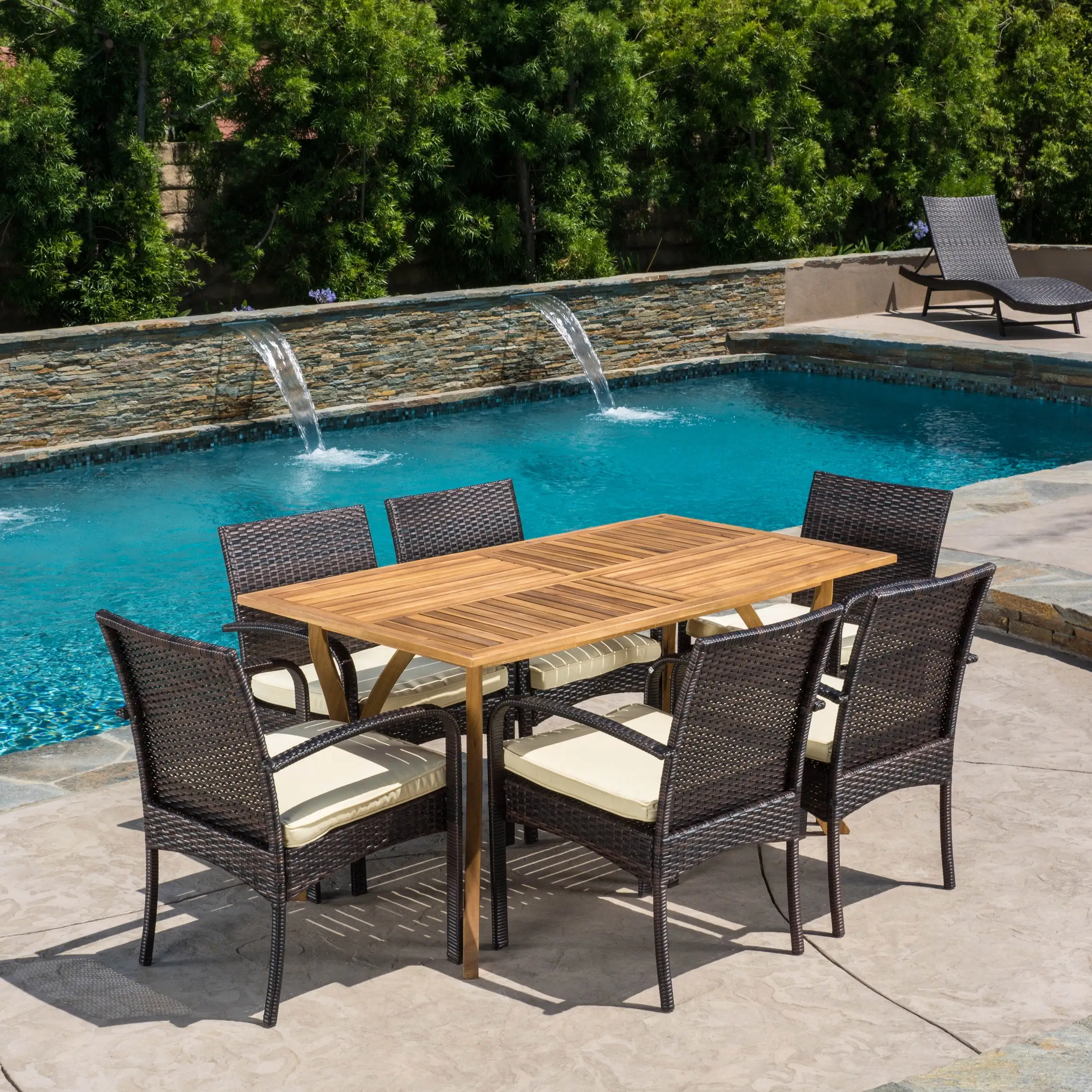 Voyage Outdoor Wicker and Acacia Wood 7-Piece Dining Set. Teak Finish and Crme