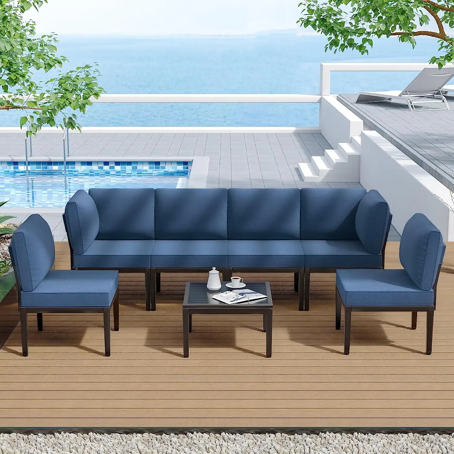 ALAULM 7 Piece Aluminum Patio Furniture Set Conversation Sectional Set with Coffee Table and Thick Cushion Outdoor Sofa Set. Navy Blue