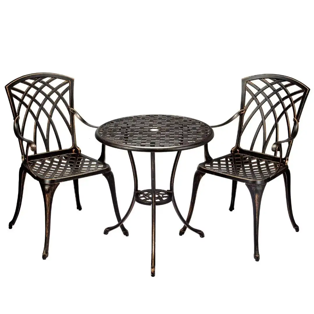 3 Pieces Patio Bistro Set. Cast Aluminum with Umbrella Hole Outdoor Table Set. Bronze