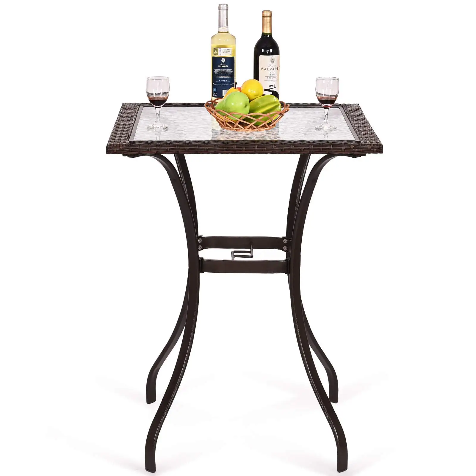 37/ 94CM Height Bistro Table Outdoor Bar Table. Square Patio Table with Umbrella Hole. Tempered Glass Top & Wicker Covered Edge. Outdoor Counter Height Table for Garden Patio Poolside Deck