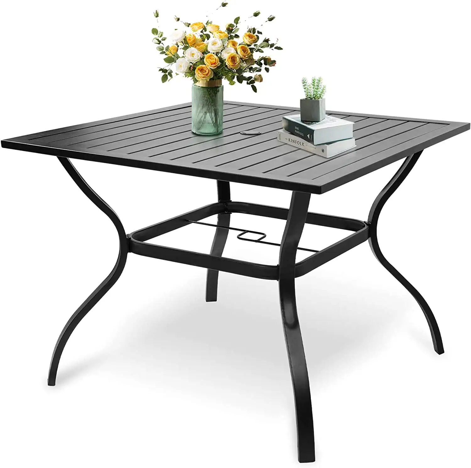 37 Outdoor Patio Dining Table with 2.36 Umbrella Hole. Metal Slat Square Bistro Table for 4 Person. Weather Resistant Table with Powder-Coating Frame for Backyard. Poolside and Garden. Black