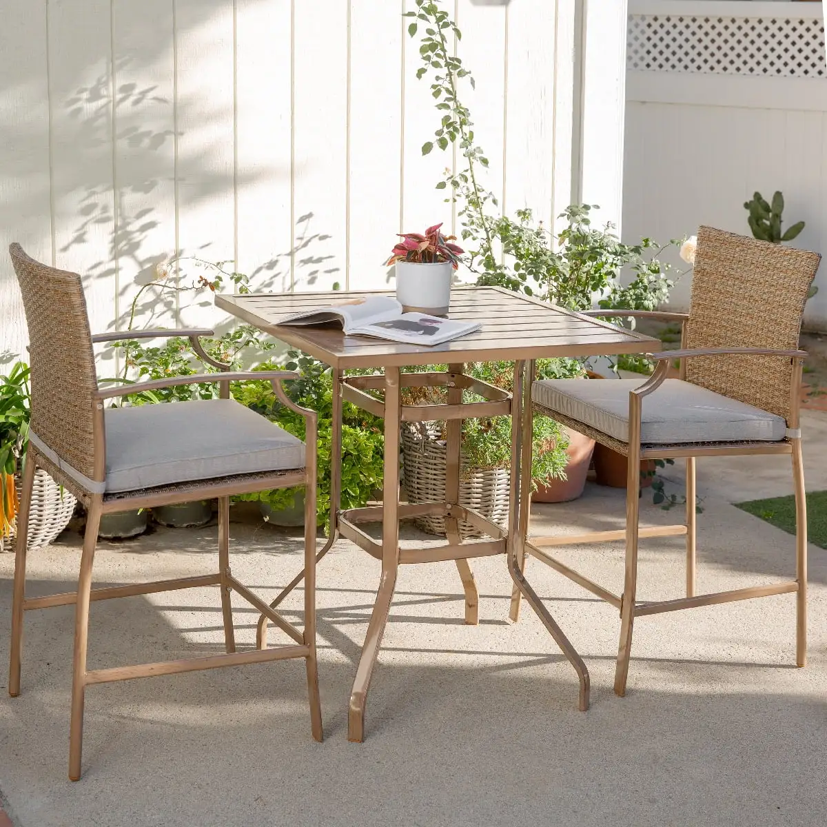 3PCS Outdoor Patio Rattan Wicker Bar Table Stools Dining Set Cushioned Chairs Garden. Beige/Grey