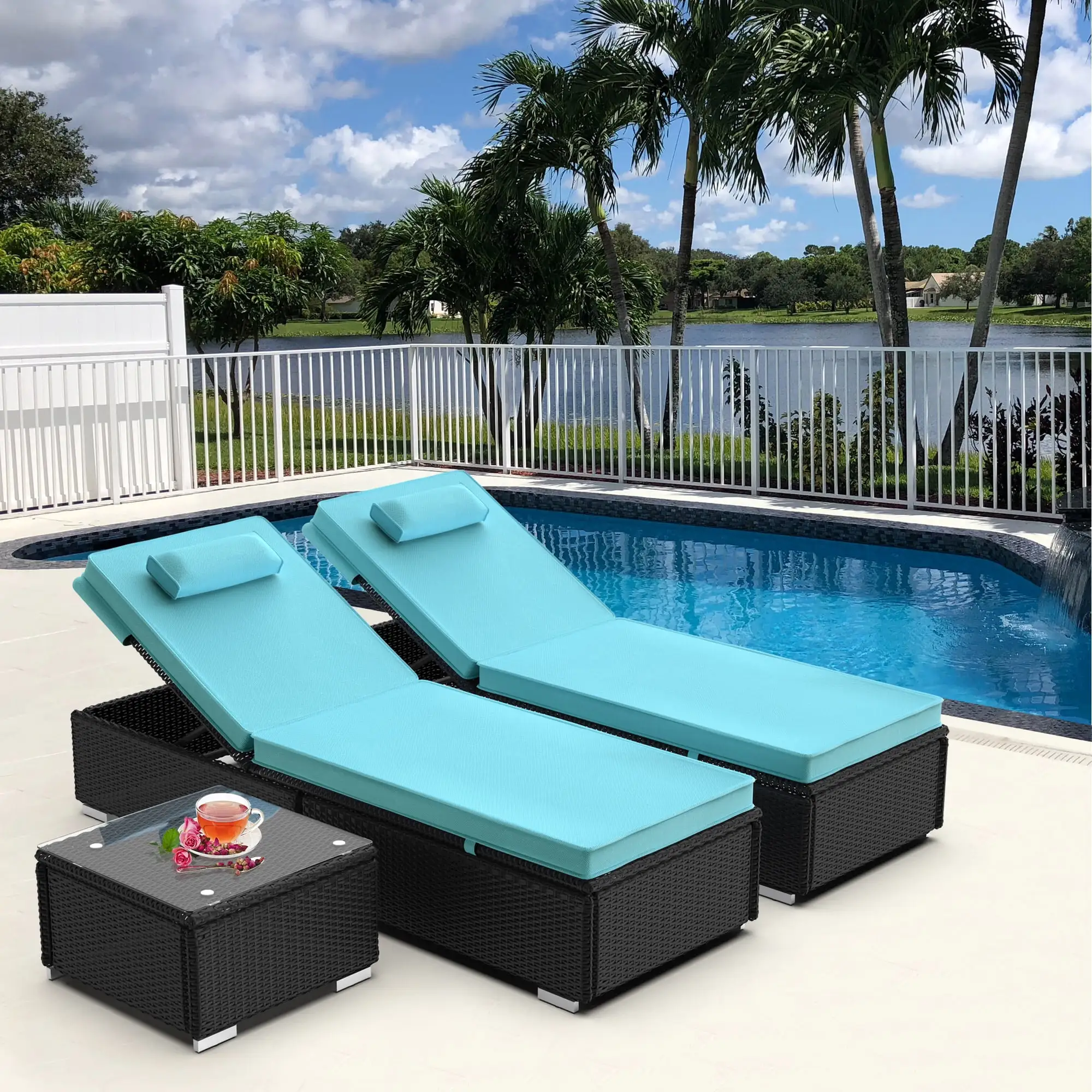 3PCS Outdoor Poolside Reclining Chaise Lounge Set. SEGMART 5-Level Angles Adjust Backrest Outdoor Lounge w/ Table & Cushions. Wicker Lounge Set of 2 with Pillows. 330lbs. Blue. S1550