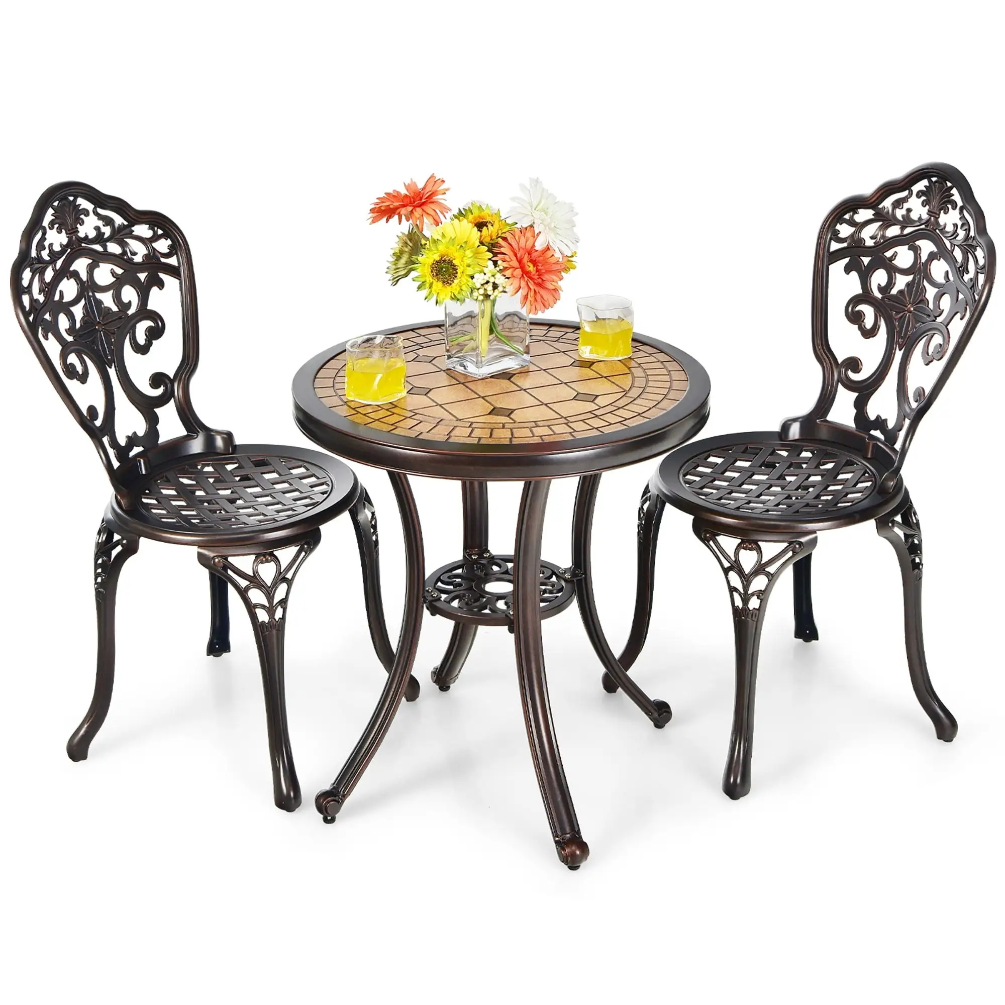 3PCS Patio Bistro Set Round Table Chairs All Weather Cast Aluminum