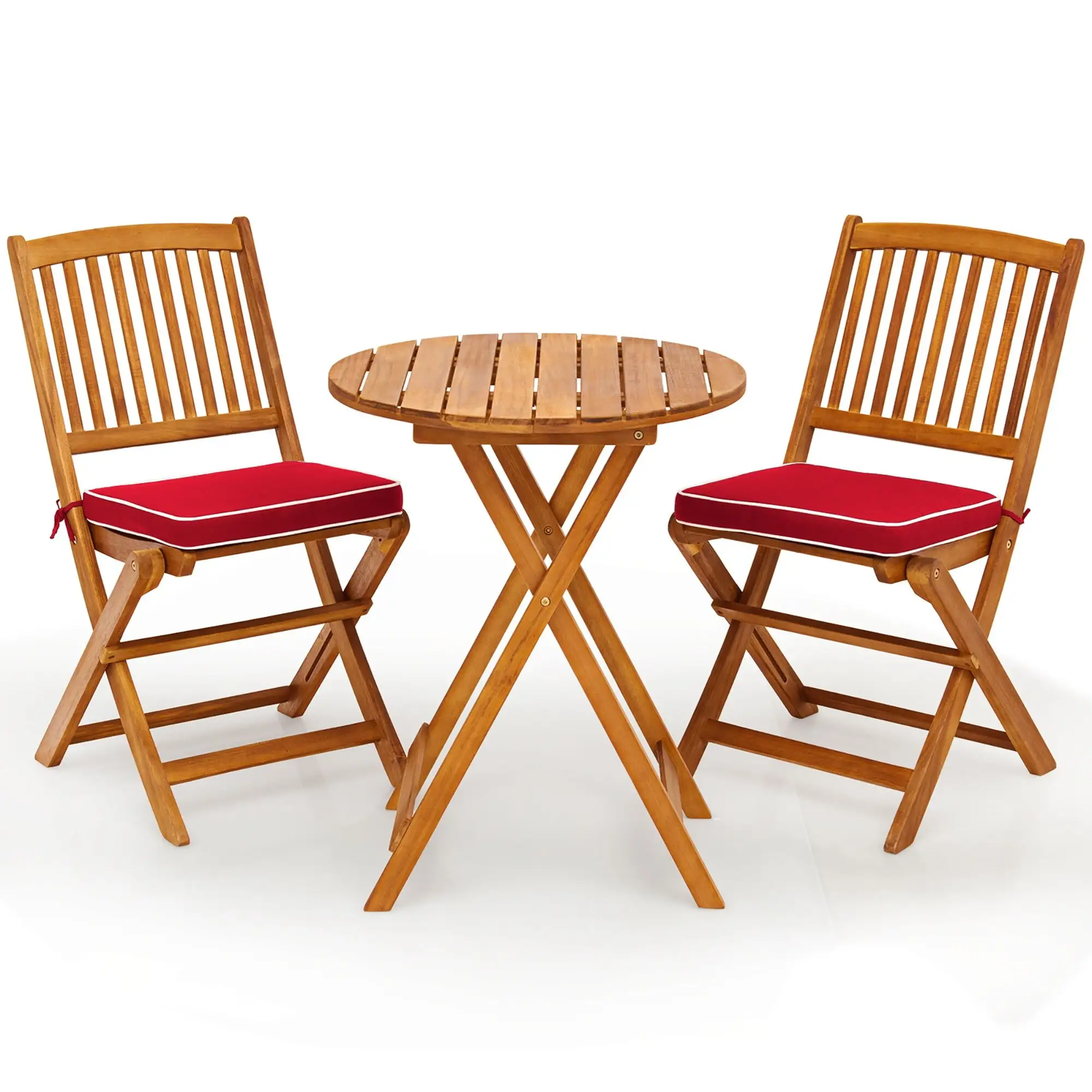 3PCS Patio Bistro Set Wood Folding Table Set with Cushioned Chairs