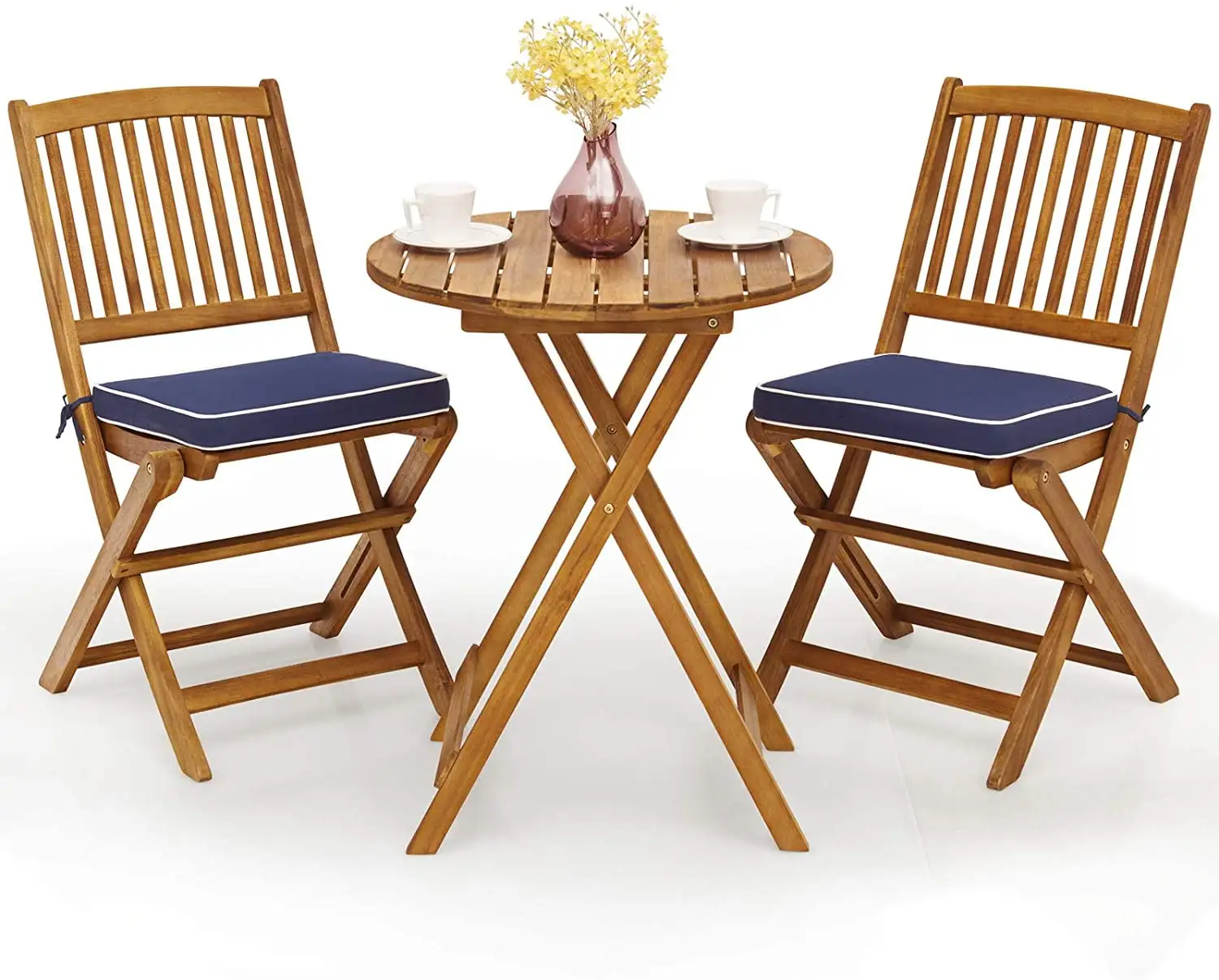 3Pcs Patio Bistro Set. Wood Folding Table Set. 2 Cushioned Chairs for Garden Yard. Outdoor Furniture Round Table (Natural & Navy Blue)