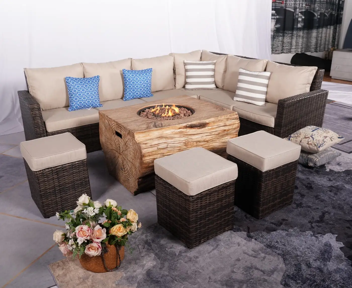 8-Piece Patio Brown Wicker Conversation Sofa Set with Fire Pit Table and Cushions