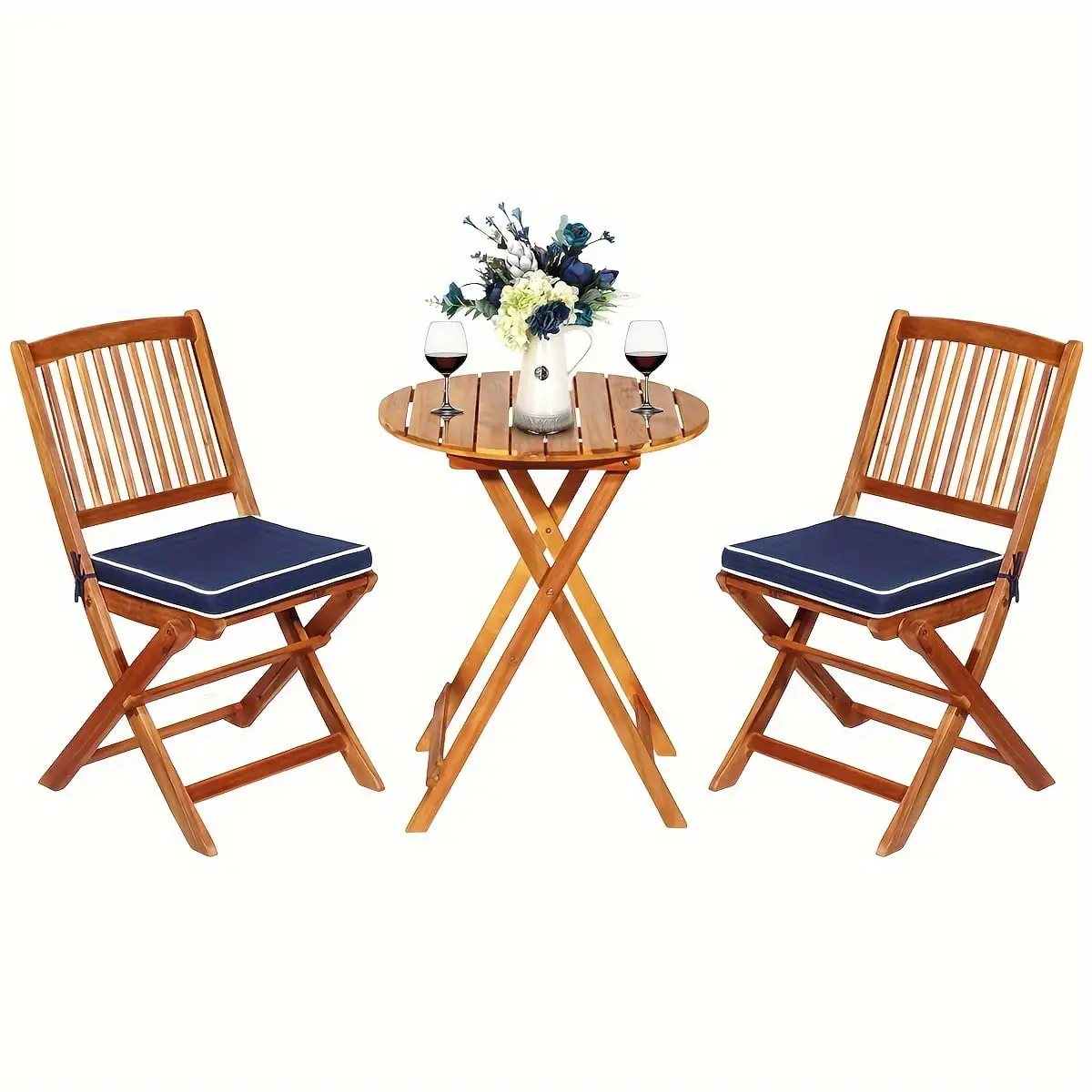 3pcs Patio Folding Wooden Bistro Set. 2pcs Cushioned Chairs And 1pc Round Table. Outdoor Conversation Set For Garden. Backyard. Balcony. Porch