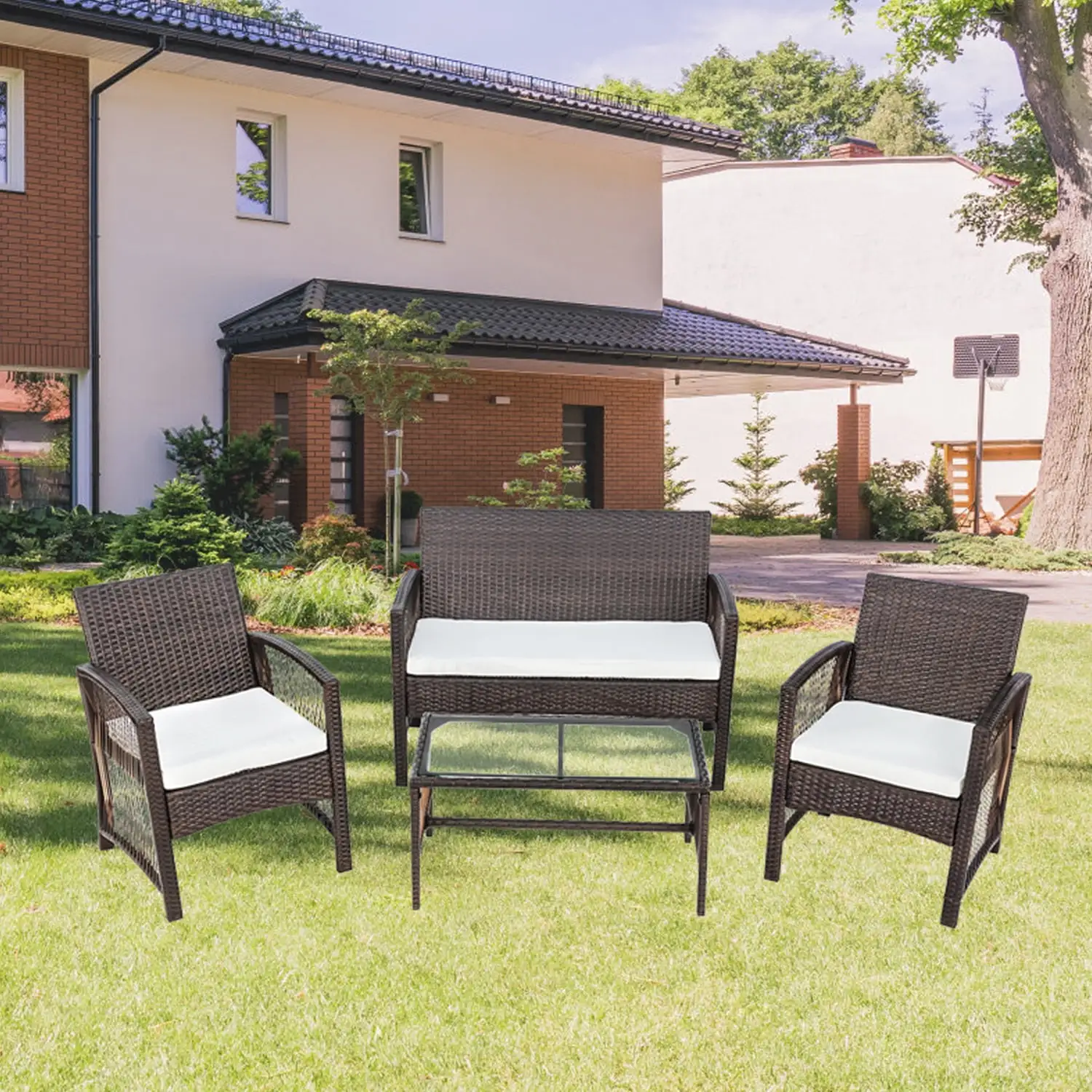 4 Piece Bistro Patio Set. Rattan Wicker Outdoor Patio Furniture Dining Sets. 2pcs Arm Chairs 1pc Love Seat&Coffee Table. Outdoor Conversation Sets for Backyard Poolside Garden. Brown. W7783