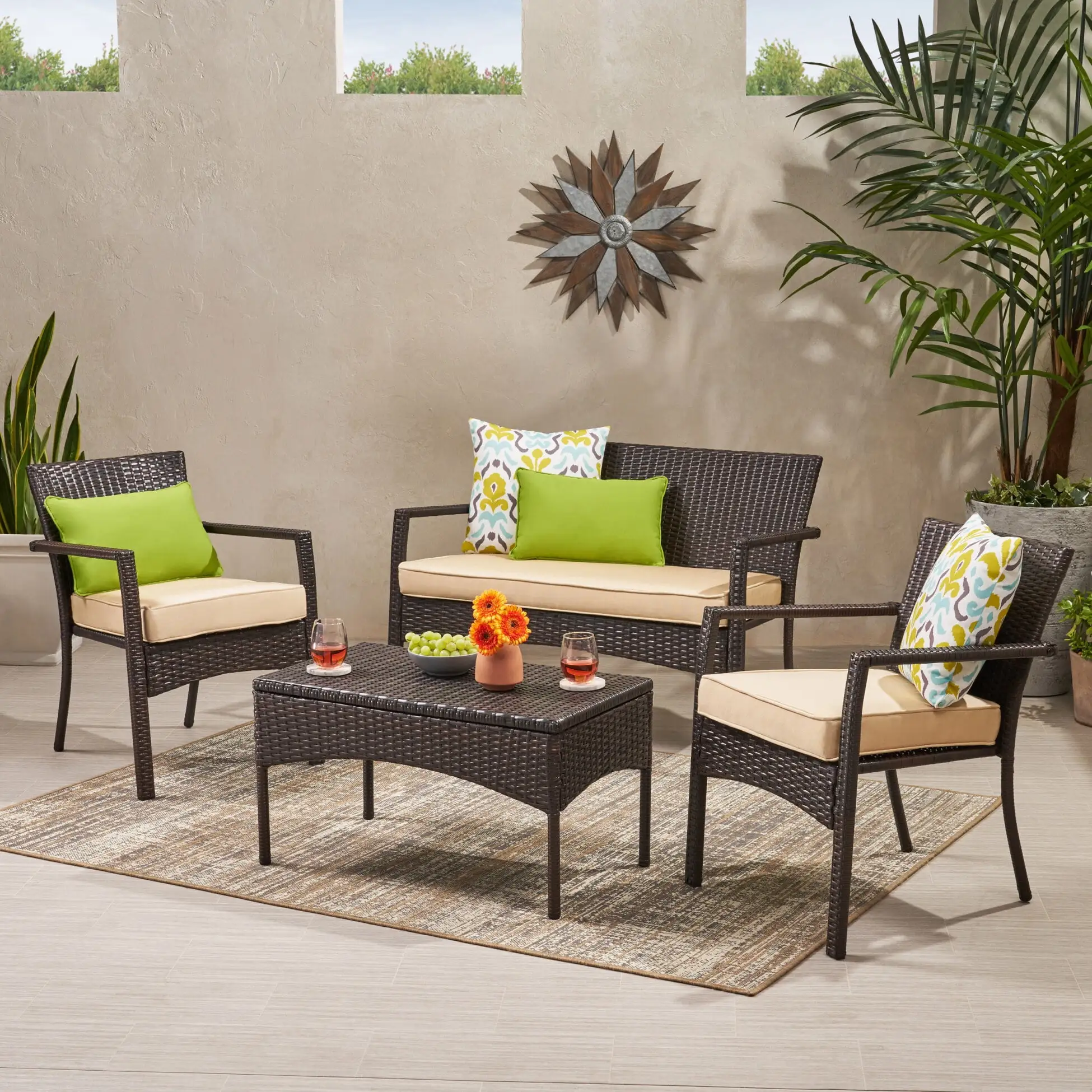 4-Piece Outdoor Dining Table Set. Modern All-Weather PE Rattan Sofa Chair Set with Table and Cushion. Sectional Conversation Set for Patio. Backyard. Poolside. Garden. Brown