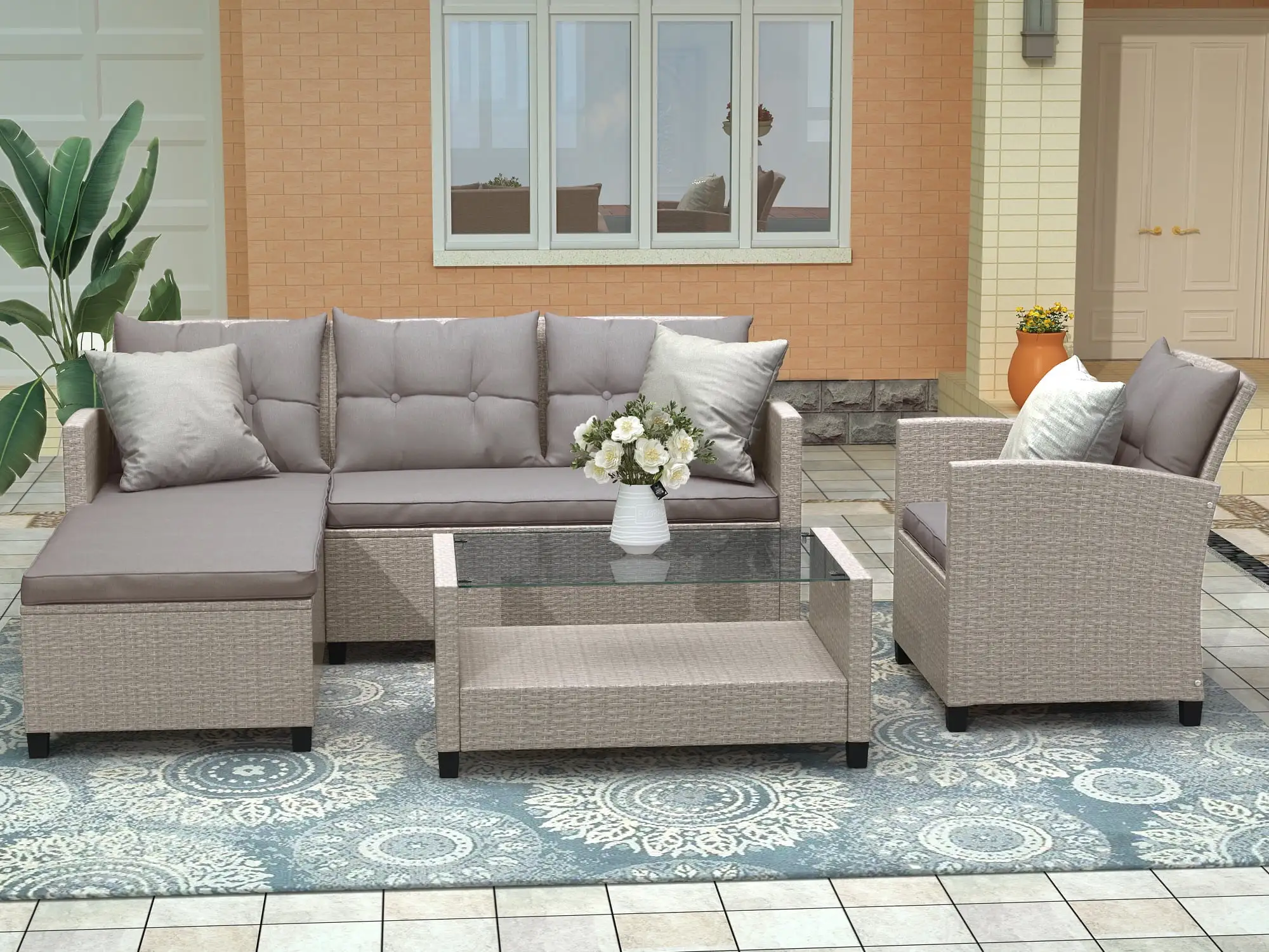 4 Piece Outdoor Furniture Set. All-Weather PE Wicker Sofa Set. Patio Cushioned Conversation Chairs Set with Glass Coffee Table. Sectional Sofa Set for Backyard. Poolside. Courtyard. Deck. D6678