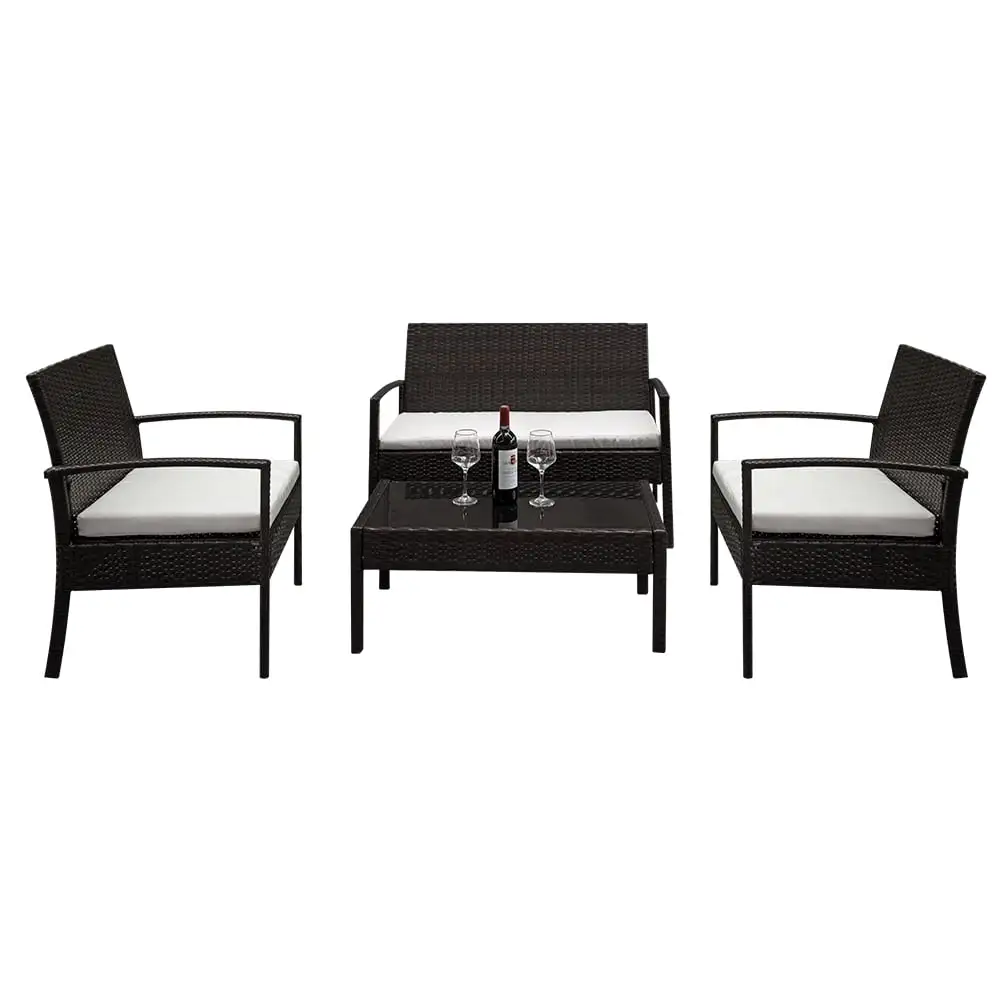 4 Piece Outdoor Furniture Wicker Patio Garden Dining Sets. Patio Furniture Rattan Furniture Rattan Sets with Seat Cushions & Tempered Glass Coffee Table. for Porch Poolside Backyard Garden. S1844