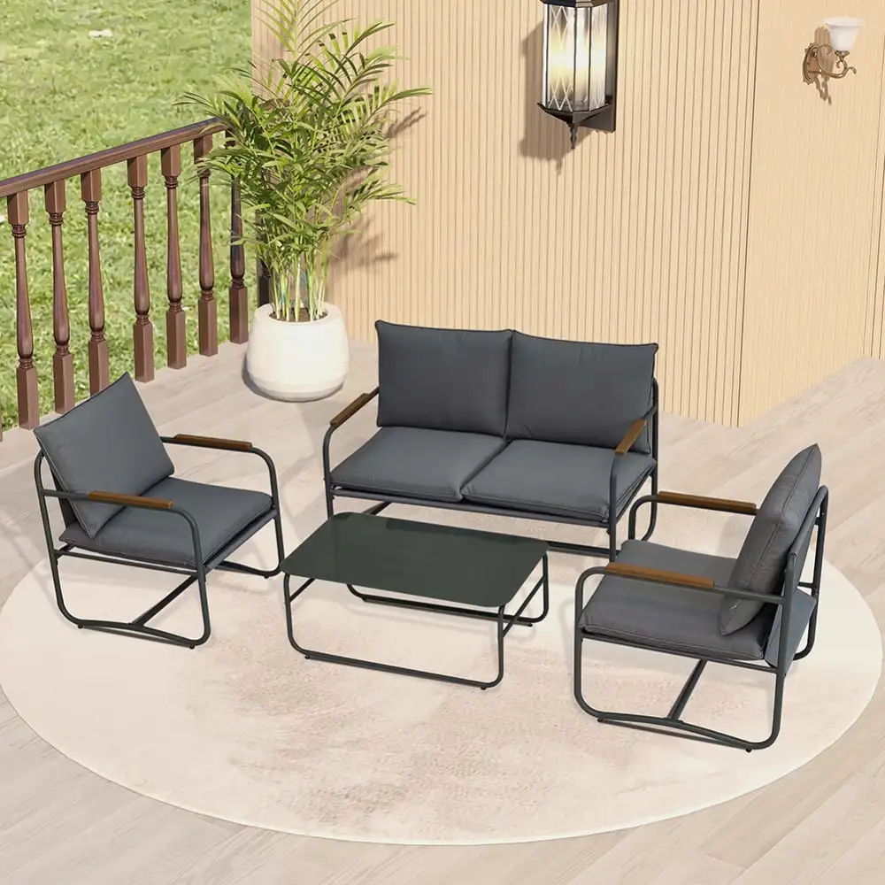 4 Piece Outdoor Patio Furniture Set. Patio Conversation Set with Removable Seating Cushion and Rectangular Coffee Table