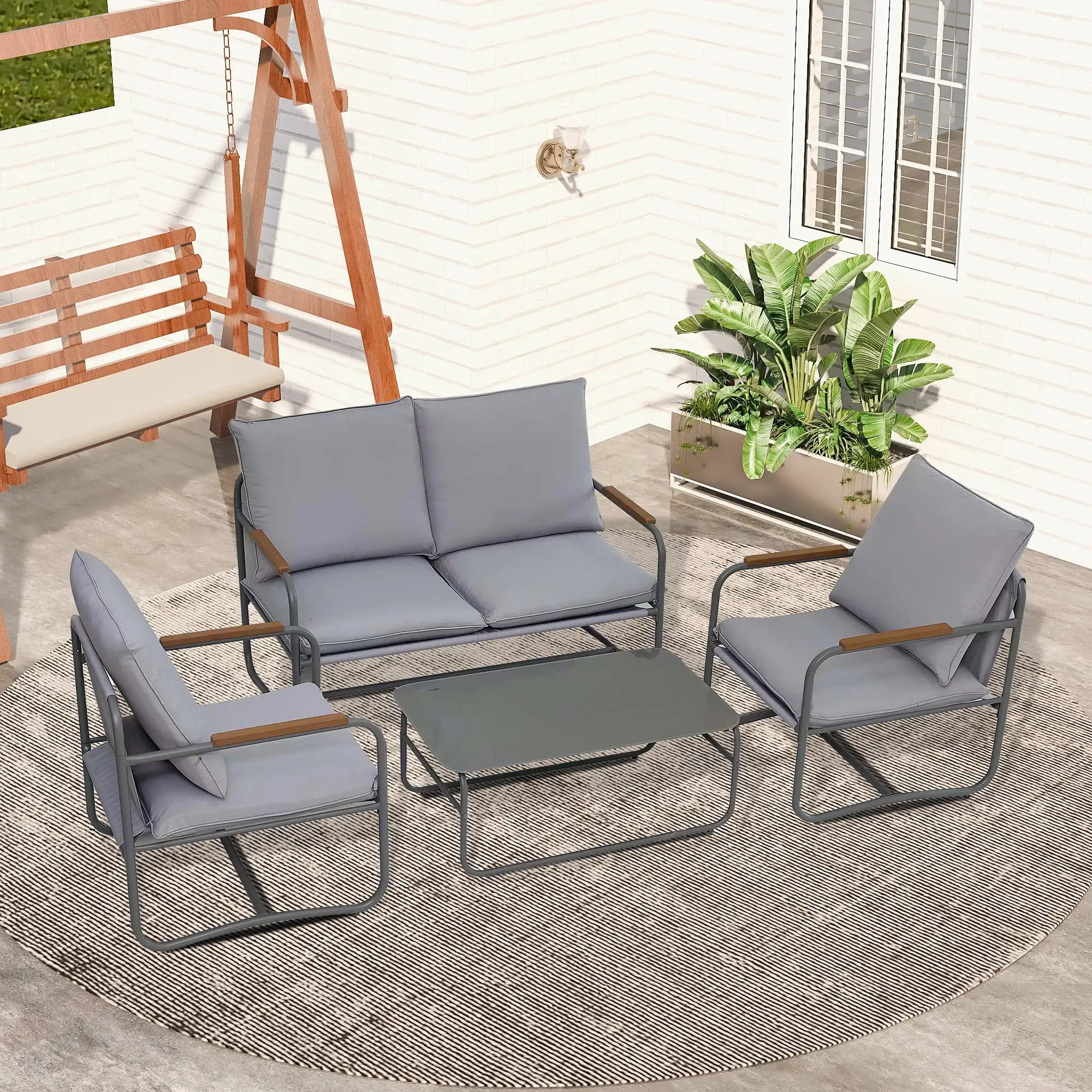 4-Piece Outdoor Patio Furniture Sets. Patio Conversation Set with Removable Seating Cushion. Courtyard Patio Set for Home. Yard. Poolside