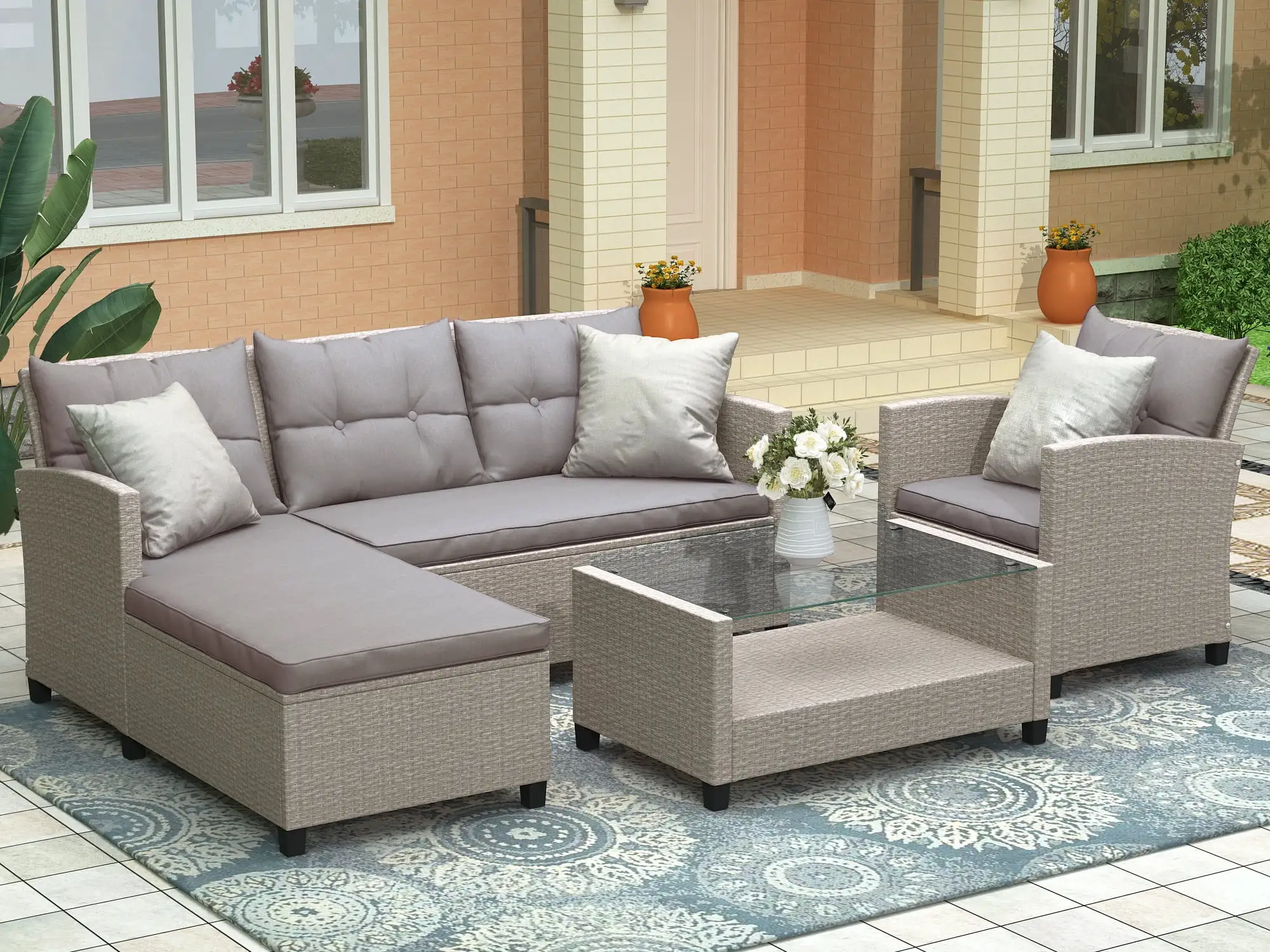 4 Piece Outdoor Rattan Sectional Furniture Set. Patio Cushioned Conversation Sofa Set with Glass Coffee Table. All Weather PE Wicker Chairs Set for Backyard. Balcony. Poolside. Deck. D6676