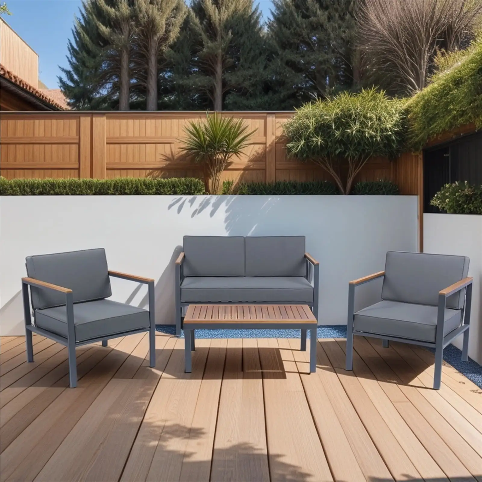 4 Piece Outdoor Sofa Set. Patio Furniture Set with Coffee Table. Garden Conversation Set with Acacia Wood Top and Cushions for Backyard. Poolside