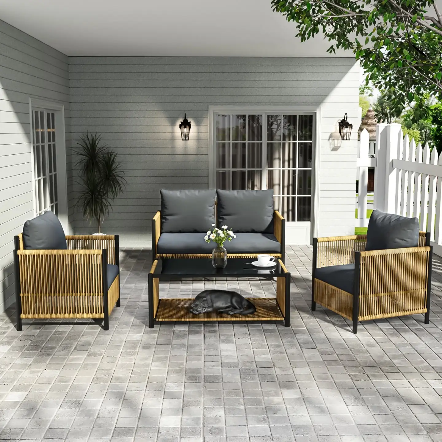 4-Piece Outdoor Sofa Set includes A Loveseat. Table and 2 Single Sofa. Hand-Woven Rattan Chair with Large Round Tube Frame and Metal Plate Seat. Rectangular Coffee Table with 5mm Black Tempered Glass