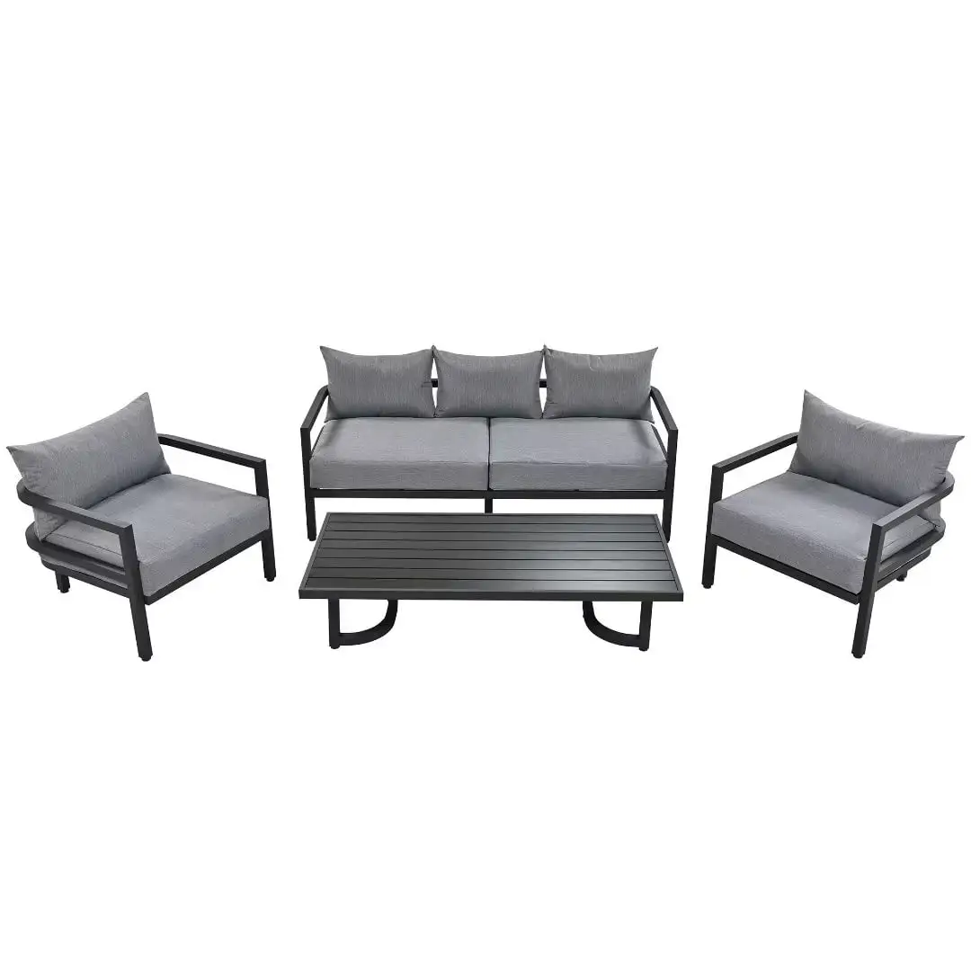 4-Piece Outdoor Steel Sofa Set. Aluminum Outdoor Patio Furniture. Patio Multi-Person Conversation Sofa Set with Steel Coffee Table. All Weather Sofa Set for Patio. Garden. Poolside. Light Gray