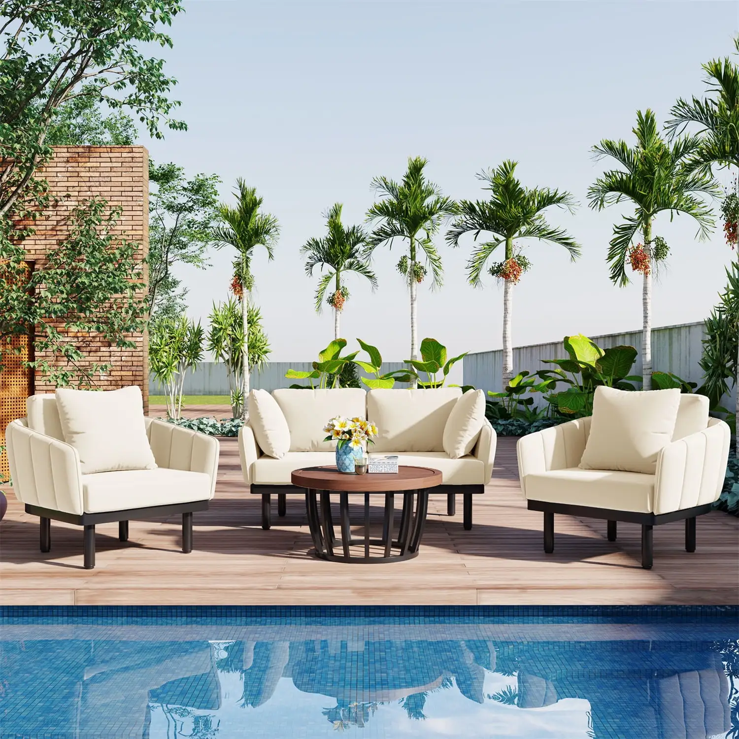 4-Piece Patio Conversation Set. Outdoor Patio Furniture Set with Acacia Wood Round Coffee Table. 1 Loveseat and 2 Single Sofa Chairs for Backyard. Deck. Poolside