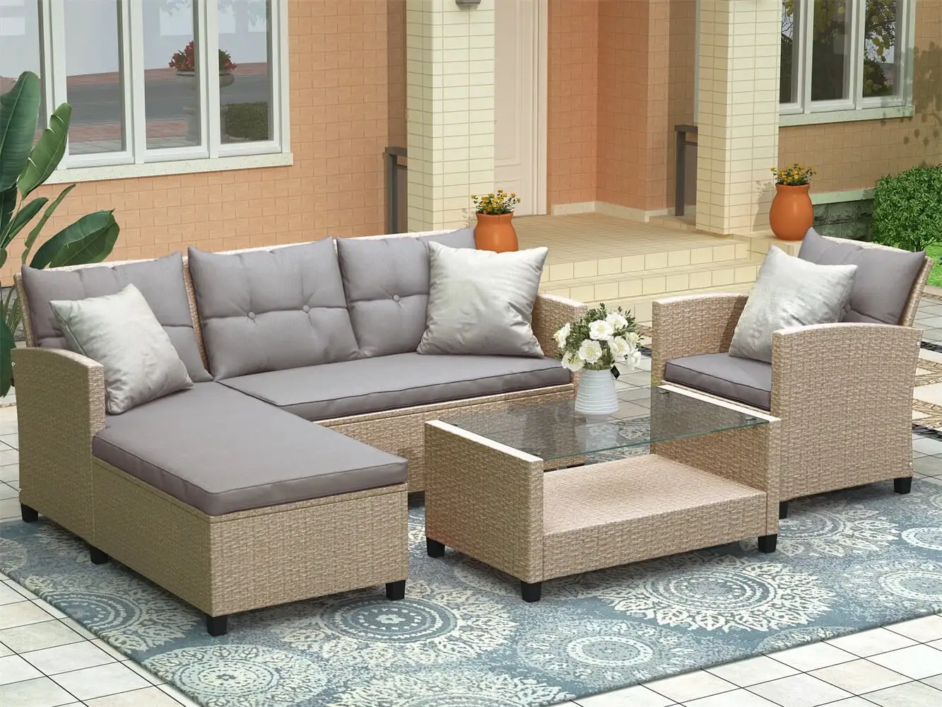 4 Piece Patio Furniture Conversation Set. Wicker Ratten Sectional Sofa with 2 Seater. Lounge Couch and Sofa Chair. Coffee Table