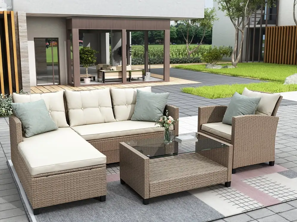 4 Piece Patio Furniture Set with Loveseat Sofa. Lounge Chair. Wicker Chair. Coffee Table. All-Weather Outdoor Conversation Set with Cushions for Backyard. Porch. Garden. Poolside. LLL1323