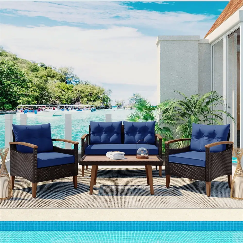 4-Piece Patio Furniture Set Outdoor All Weather PE Rattan Patio Conversation Set. Wood Sofa Set with Cushions for Home. Balcony. Backyard. Blue