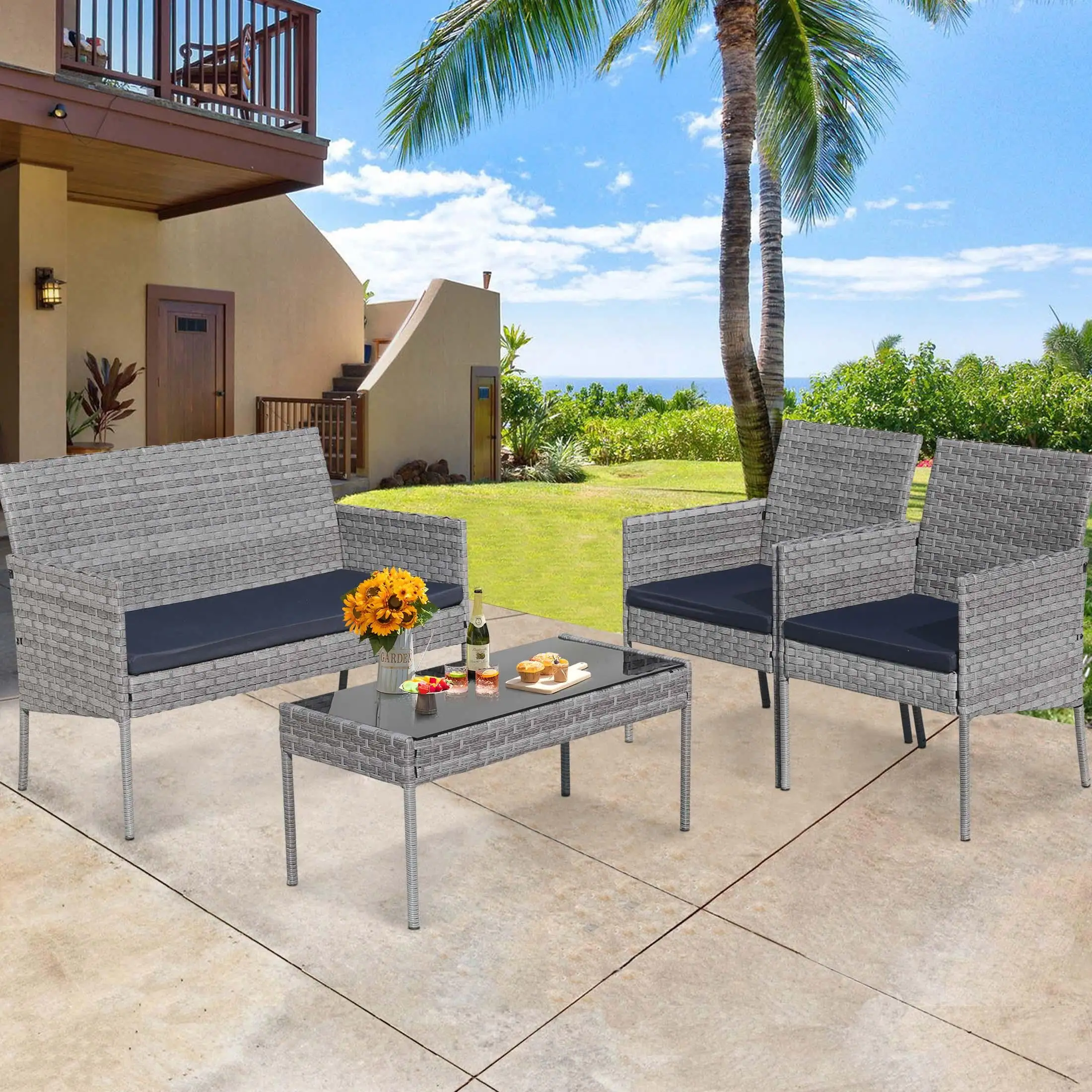 4 Piece Patio Furniture Set. SEGMART Outdoor PE Rattan Conversation Set with Storage Ottoman. All-Weather Patio Sofa Wicker Set with Cushions for Yard. Porch. Garden. Poolside. Gray