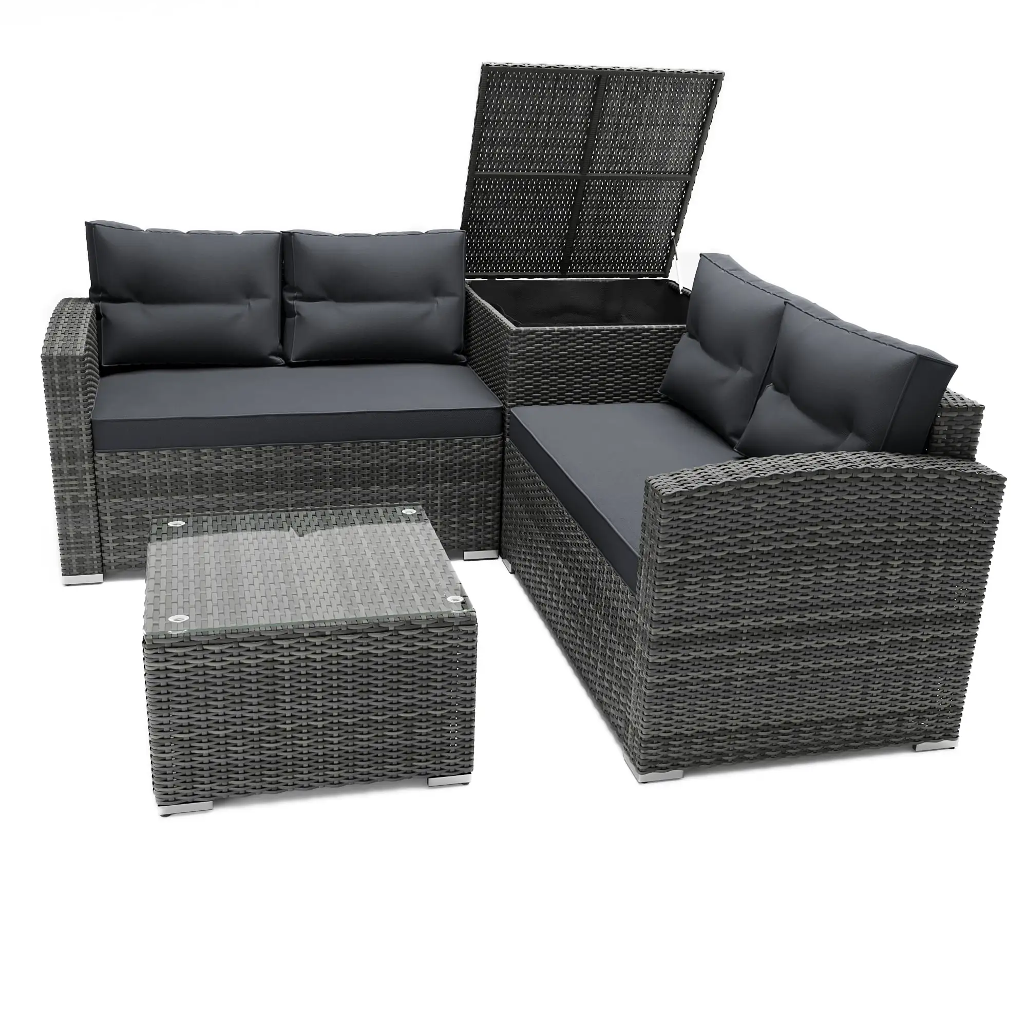 4 Piece Patio Furniture with Storage. PE Rattan Sofa Set with Dining Table and Storage Box. Wicker Cushioned Sofa Set. Outdoor Sectional Sofa for Garden Deck Poolside Backyard. JA1734