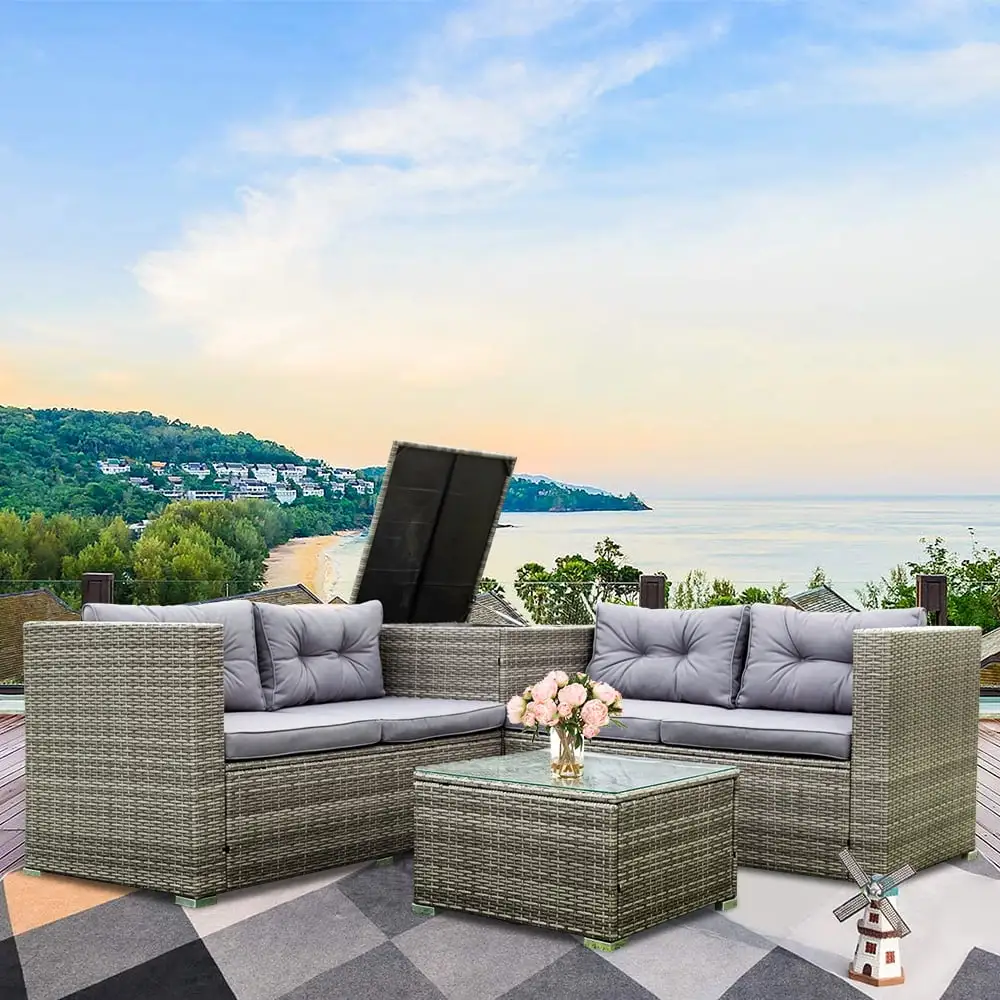 4-Piece Rattan Patio Furniture Sets. Wicker Bistro Set with Ottoman. Glass Coffee Table. Outdoor Sectional Sofa Set. Dining Table Sets for Backyard. Q10361