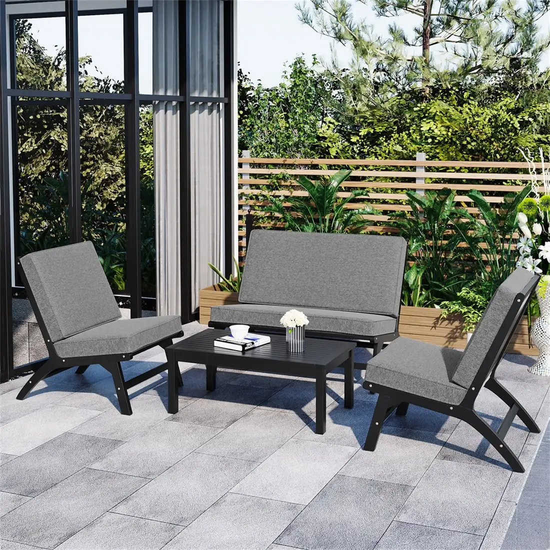 4-Piece V-shaped Seats Set.Acacia Wood Outdoor Sofa Set with Rectangular Table.Outdoor Conversation Furniture Set with 2 Single Chairs and Double Chair for Garden Backyard Porch Poolside.Gray