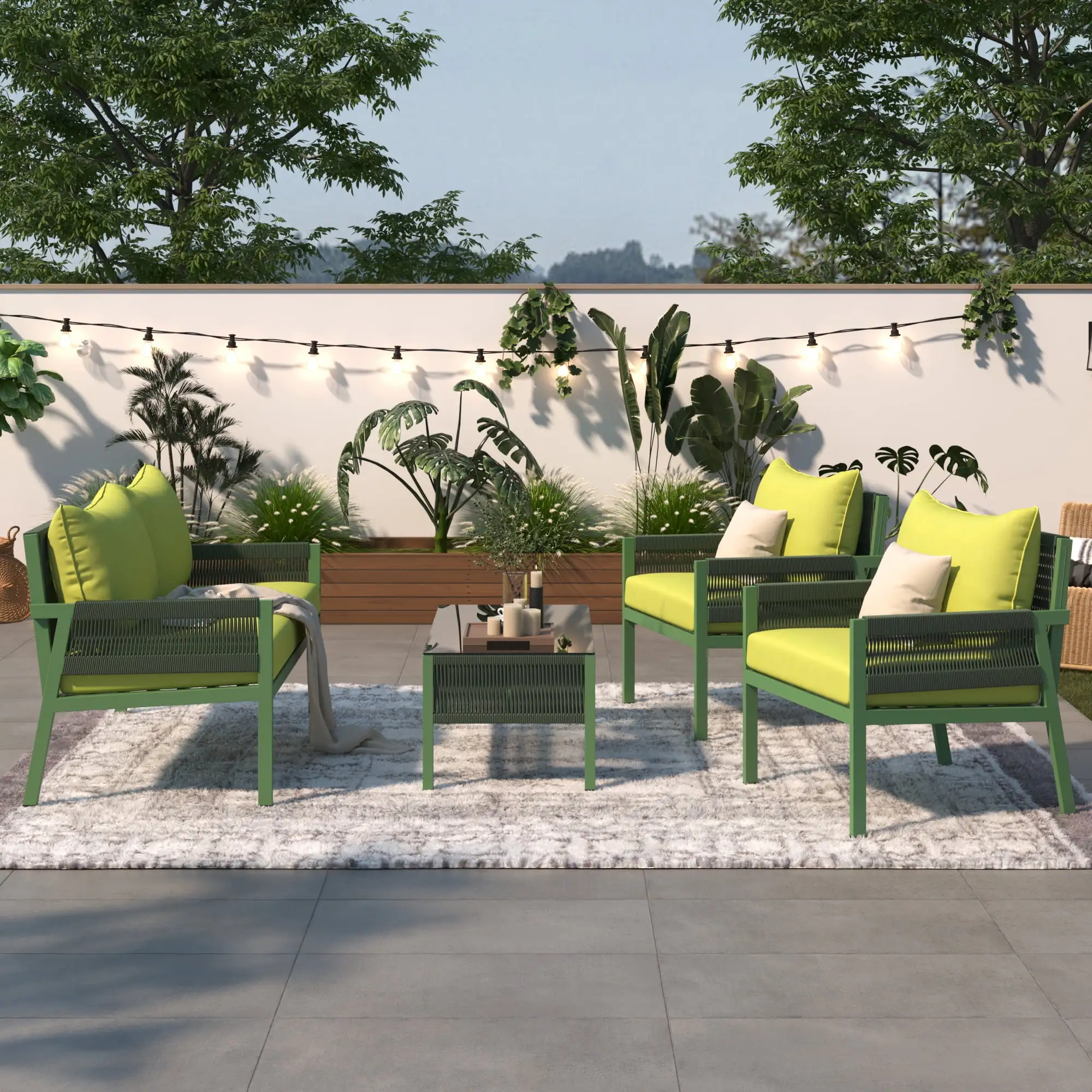 4-Piece Wicker Outdoor Patio Sectional Dining Set.Patio Conversation Set Deep Seating with Thick Cushion-Fluorescent Yellow +Green