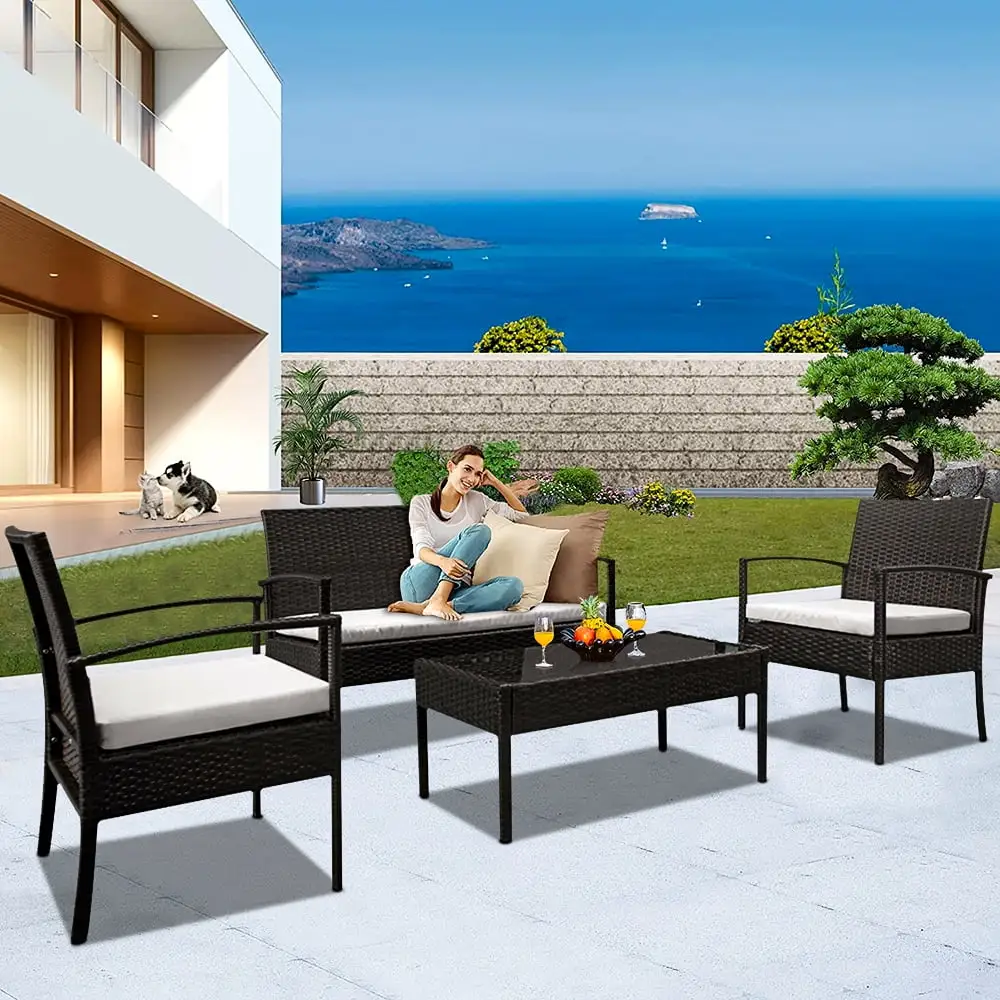 4 Piece Wicker Patio Set. Outdoor Patio Furniture Sets with Wicker Chairs. Glass Dining Table. Loveseat Sofa. Modern PE Rattan Conversation Sets for Backyard. Porch. Garden. Poolside. L3996