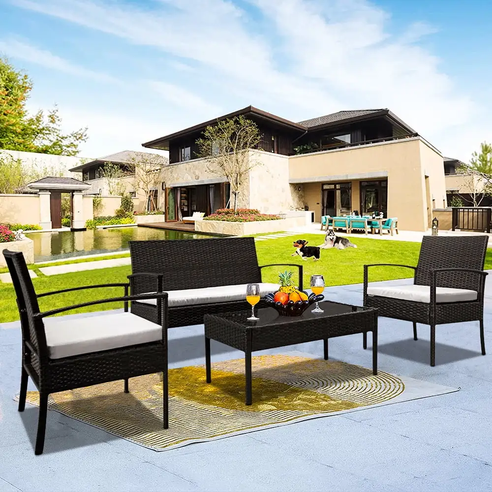 4 Piece Wicker Patio Set. Upgrade Outdoor Patio Furniture Set with Wicker Chairs. Glass Dining Table. Loveseat Sofa. Modern PE Rattan Conversation Set with Cushions for Yard. Porch. Pool. L4003