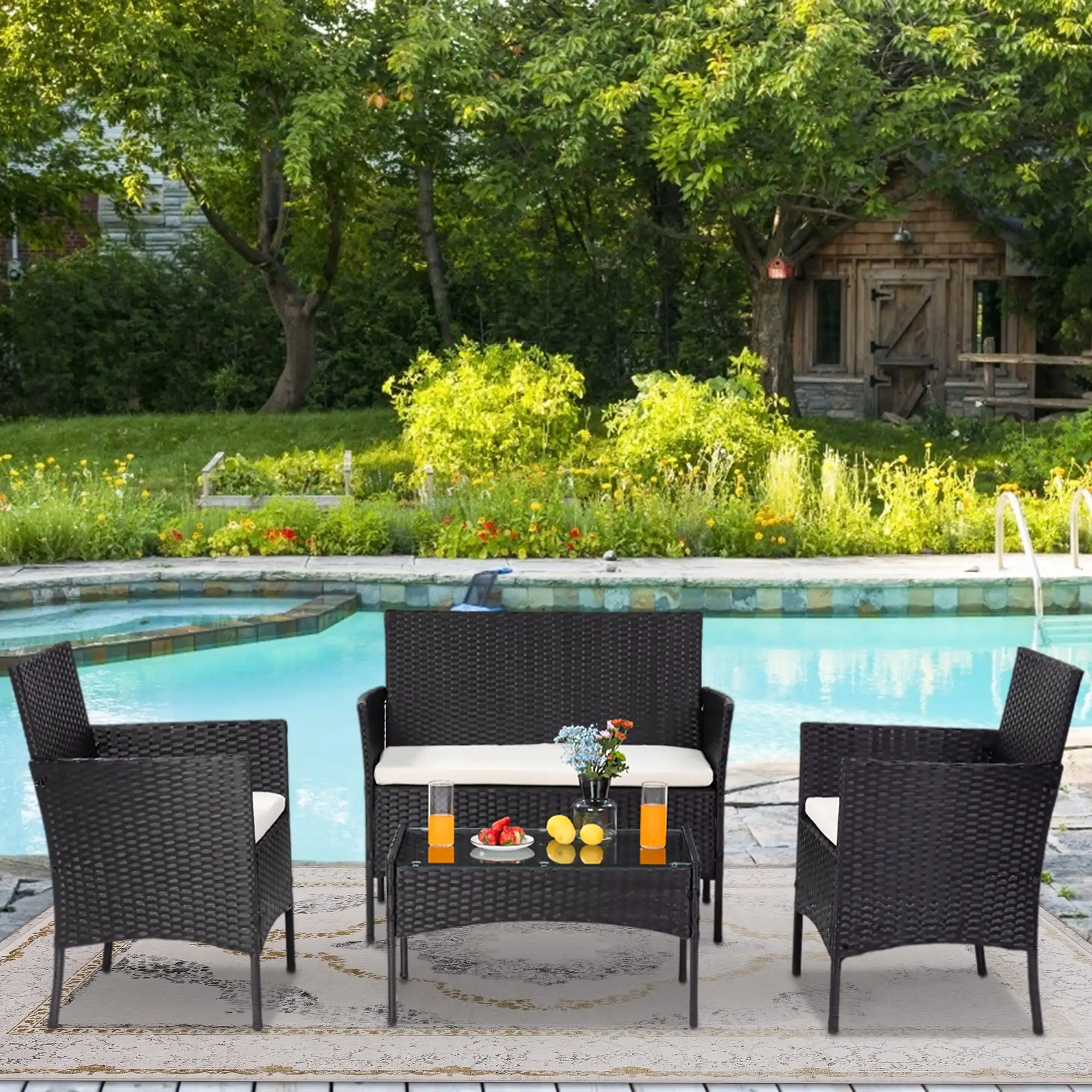 4 Pieces Outdoor Rattan Chair Set. All Weather PE Wicker Patio Furniture Set. Modern Porch Balcony Furniture Lawn Chairs Set. Includes 2 Armchairs.1 Loveseat and 1 Table. Sturdy Steel Frame. GE025